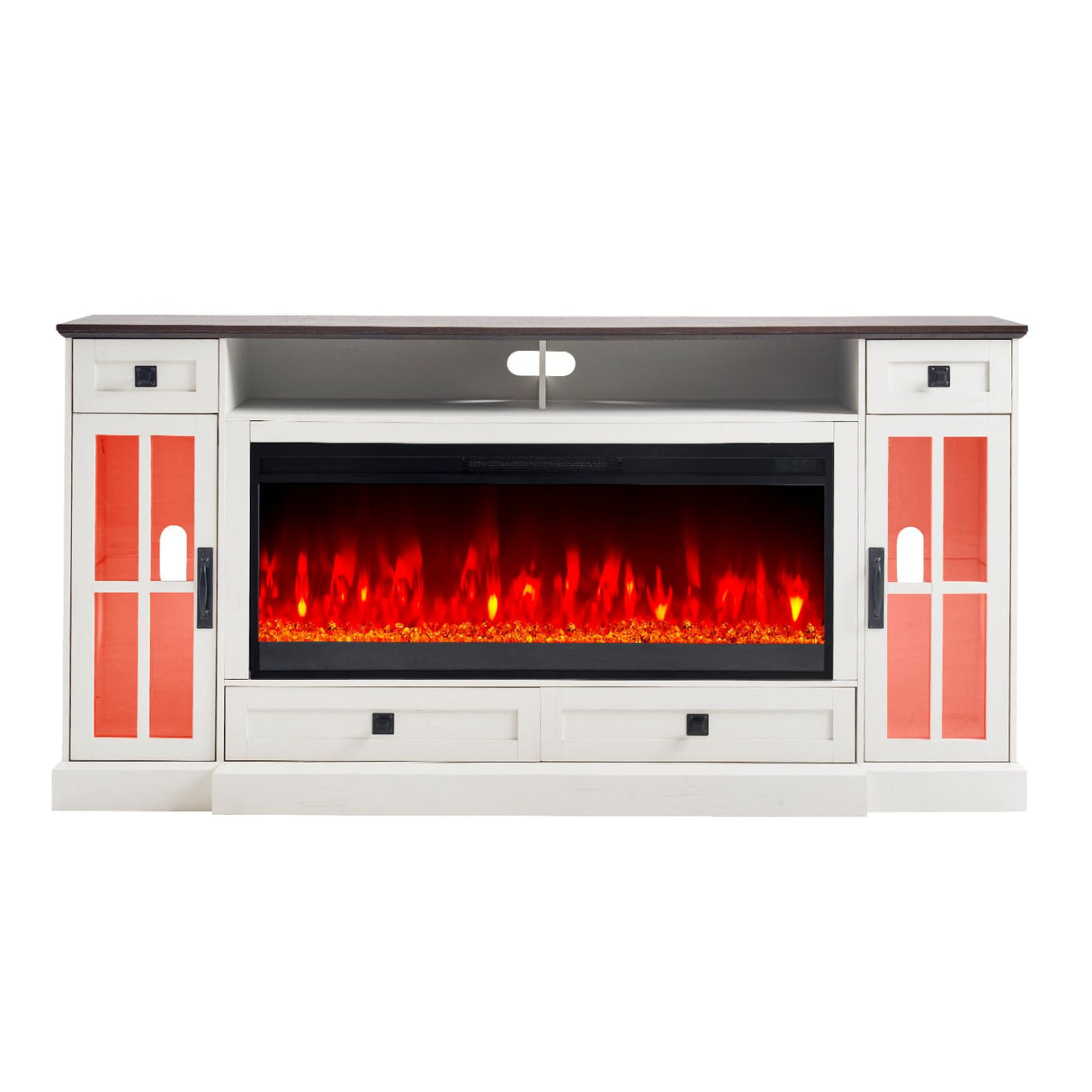 LUXOAK 70'' Large Fireplace TV Stand with 42" Fireplace, Farmhouse Entertainment Center with LED Lights for TVs up to 80'', Highboy TV Console Table with Glass Door for Living Room, Barnwood+White LUXOAK