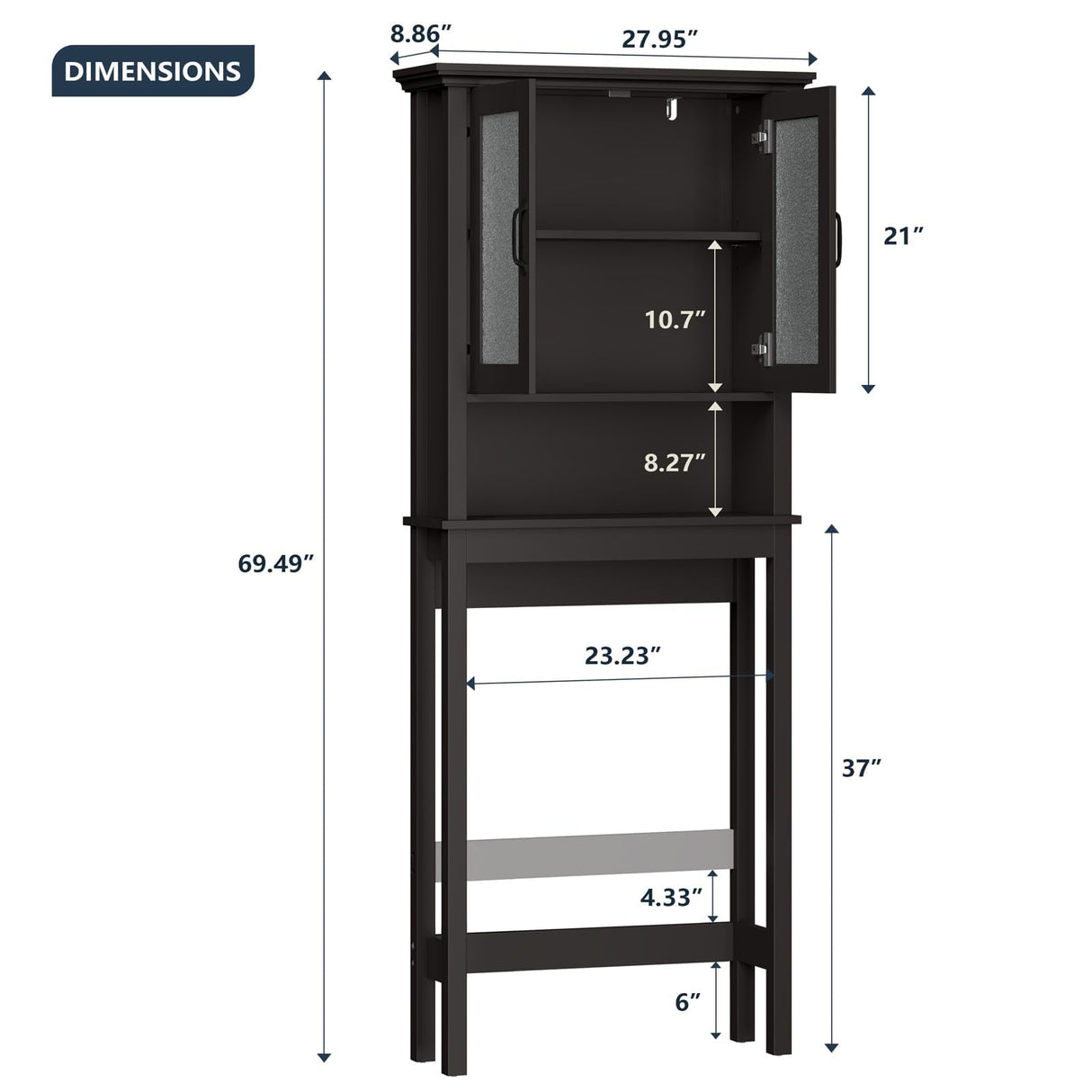 Baztin Over The Toilet Storage Cabinet, Over Toilet Bathroom Organizer with Glass Doors and Adjustable Shelf, Thicken Frame Above Toilet Storage Cabinet Behind Toilet Bathroom Organizer, Espresso Baztin