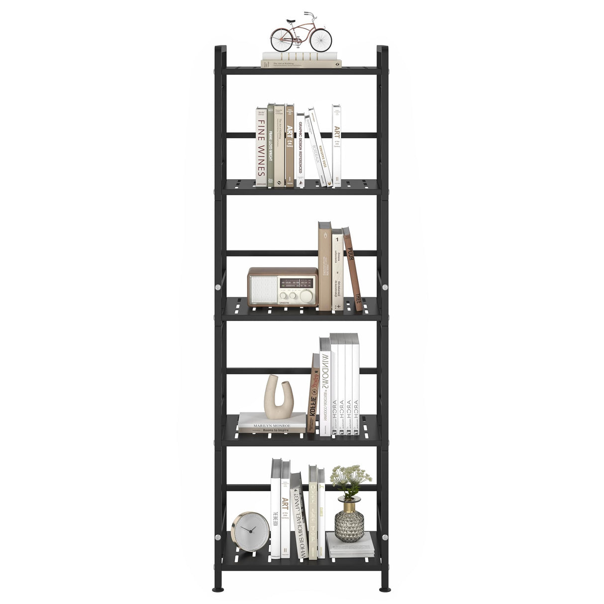 JSB 5 Tier Metal Bookshelf Bathroom Storage Standing Shelf Unit Kitchen Storage Organizer Display Rack Bookcases Shelves for Living Room, Bedroom, Office (Widen Black, 5 Tier) JSB