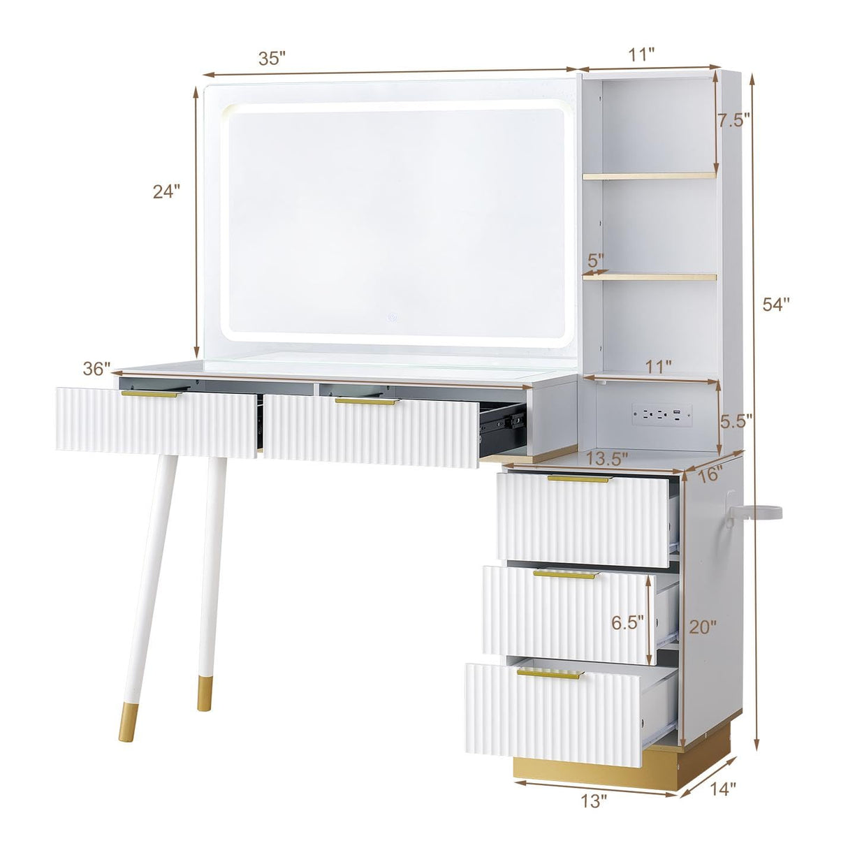 LUXOAK 54" Tall Vanity Desk with 35" W x 24" H Large Mirror and Lights, Large Makeup Vanity Table with 5 Drawers, 3 Shelves and Charging Station, Glass Top Desk for Dressing Room, Bedroom, White LUXOAK