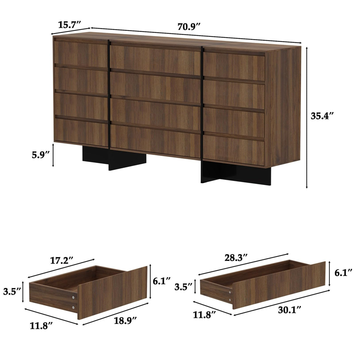 FAMAPY Dresser Chest of Drawers, 12 Drawer Dresser, Wood Modern Drawer Chest, for Bedroom Living Room Office, Brown and Black, Wood Grain, 15.7”D x 70.9”W x 35.4”H FAMAPY
