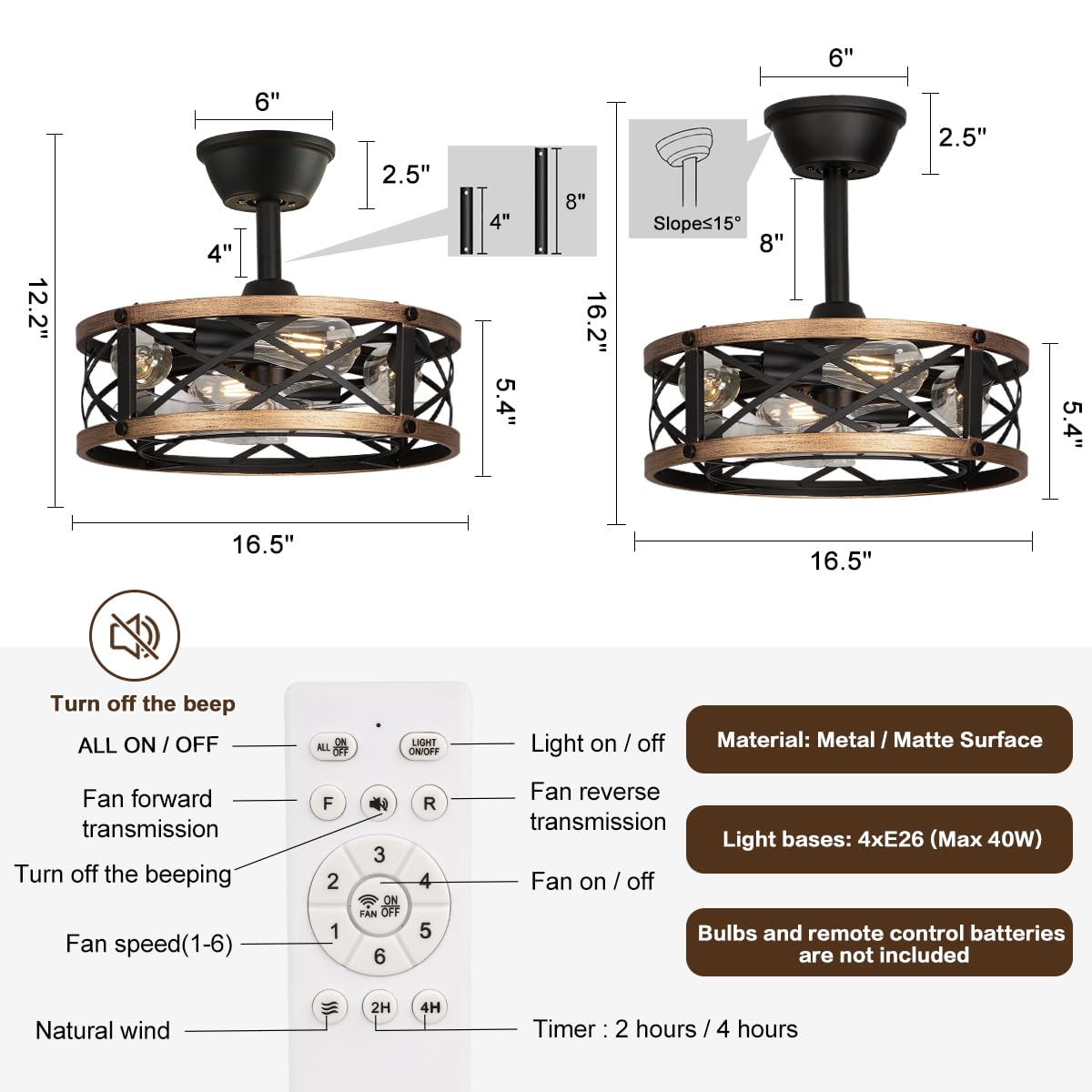 SabvioZh 16.5" Farmhouse Caged Fandelier Ceiling Fan with Light, Rustic Bladeless Small Ceiling Fans with Lights and Remote, Modern Enclosed Ceiling Fan with Light for Kitchen, Bedroom, Small Room SabvioZh