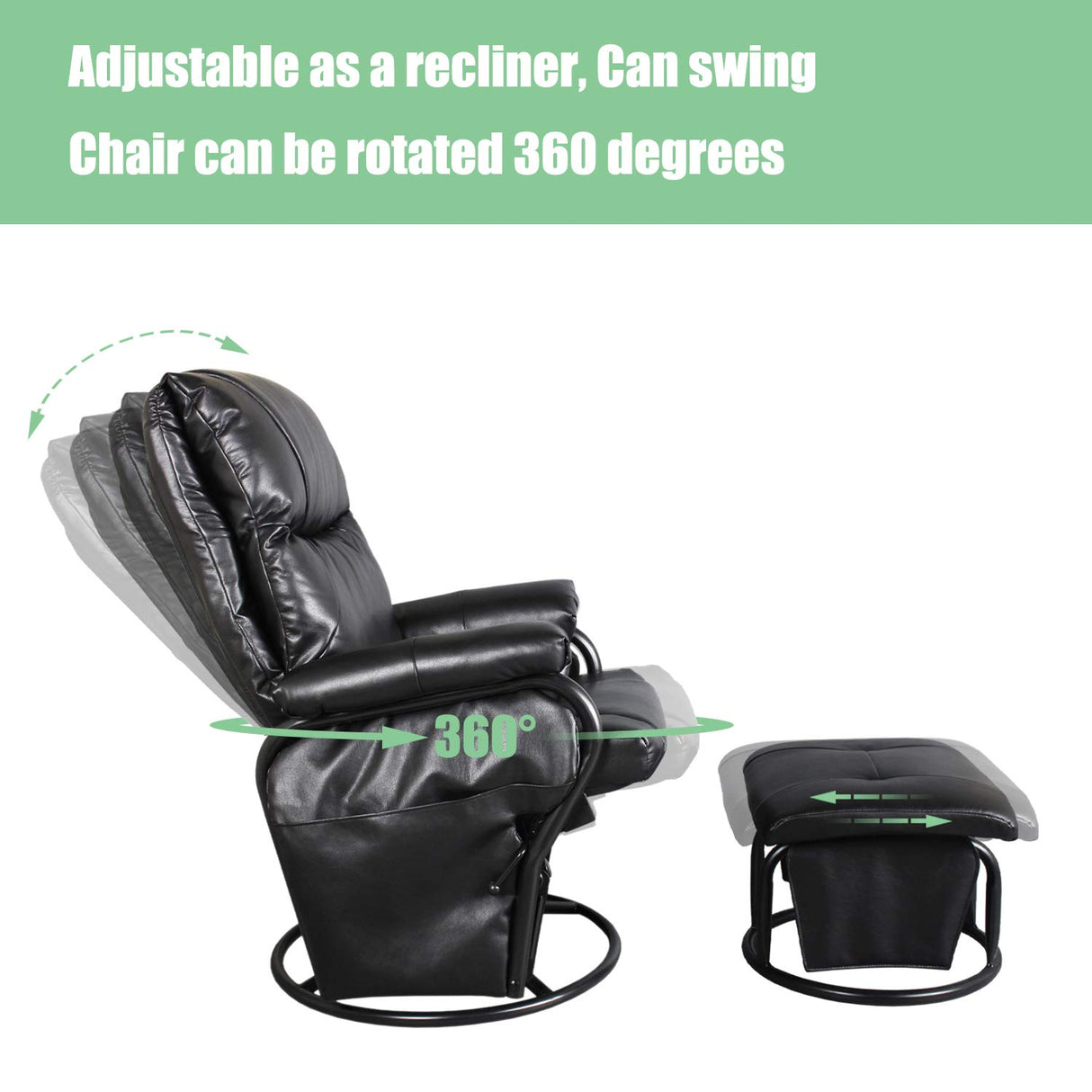 JIASTING Recliner Chair with Ottoman Living Room Chairs Faux Leather Glider Chair 360 Degree Rotation Leisure and Relaxation Furniture (Black) JIASTING