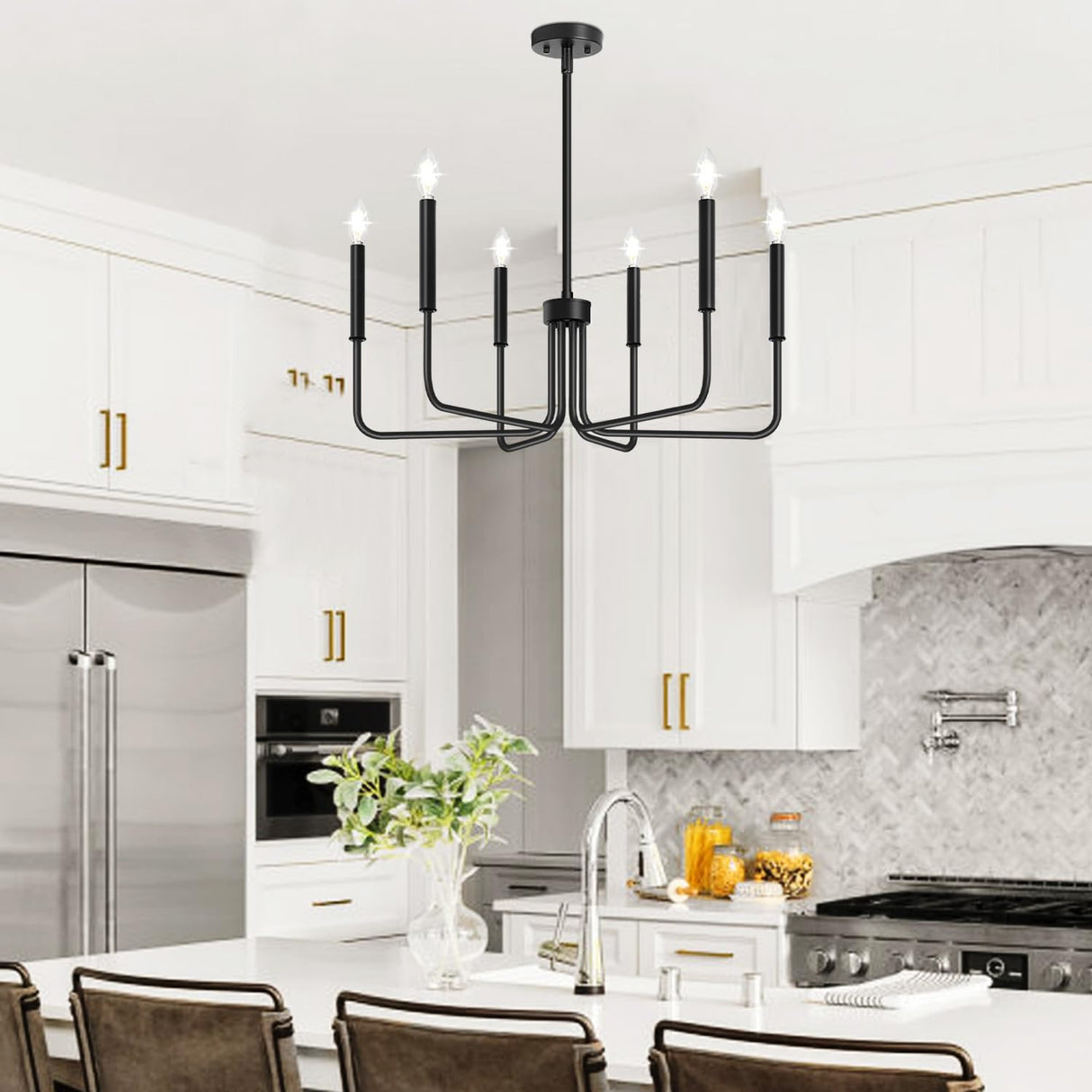 Black Chandelier, 6-Light Farmhouse Chandelier for Dining Room Lighting Fixtures Hanging, Dining Light Fixtures Industrial Modern Chandelier for Bedroom, Foyer, Hall, Kitchen, Living Room and Entryway Lynnoland