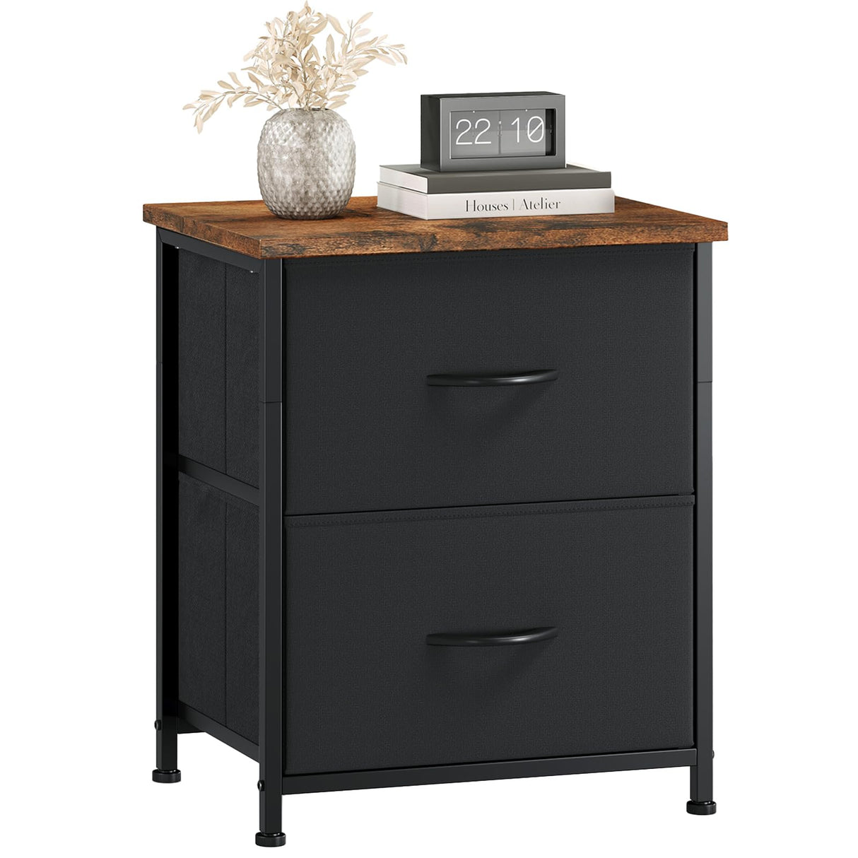 Somdot Nightstand with 2 Drawers, Bedside Table Small Dresser with Removable Fabric Bins for Bedroom Nursery Closet Living Room - Sturdy Steel Frame, Wood Top, Pull Handle - Black Somdot