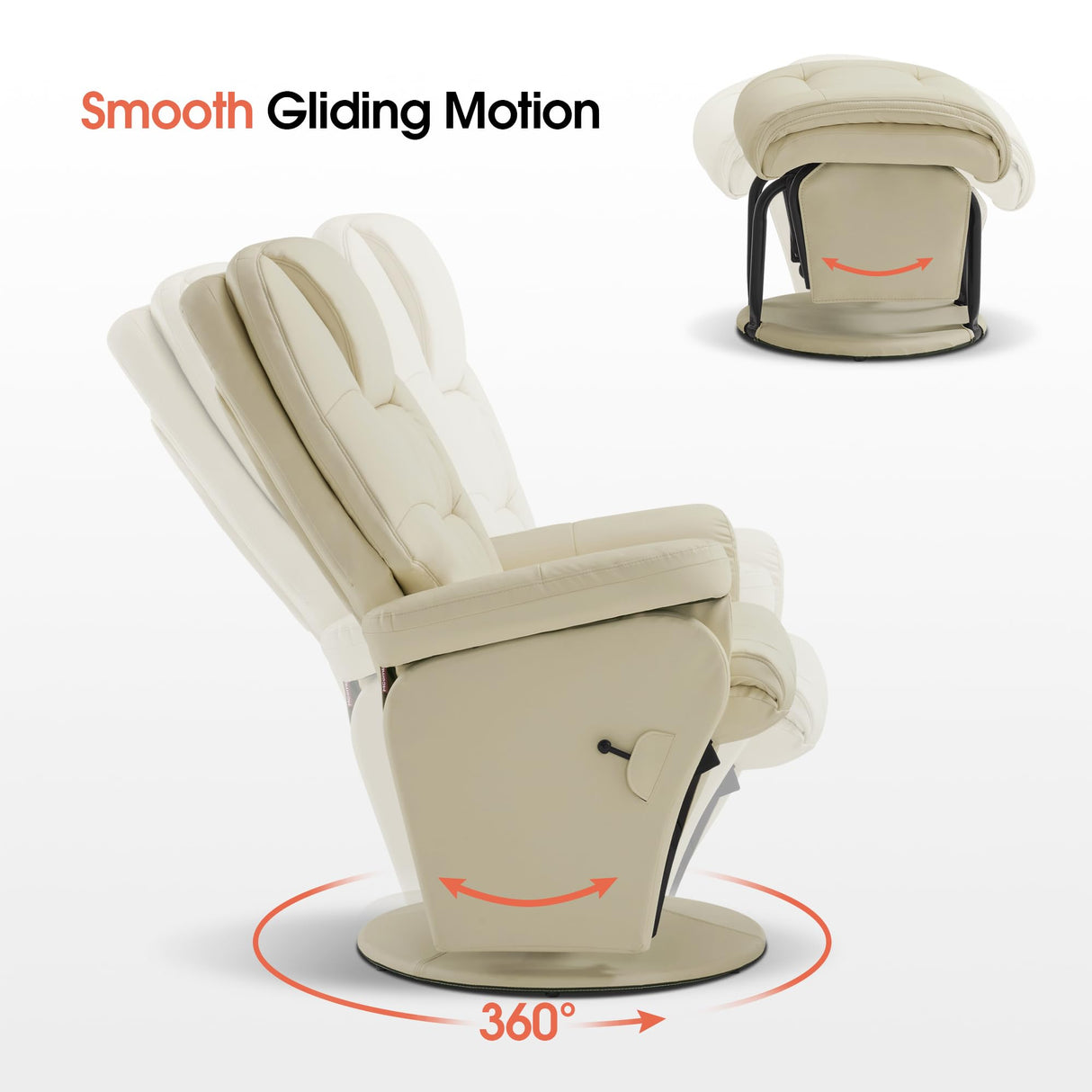 MCombo Swivel Glider Recliner with Ottoman, Reclining Chair with Adjustable Back, Faux Leather Upholstered Lounge Chair for Living Room Bedroom 4800 (Cream White) MCombo