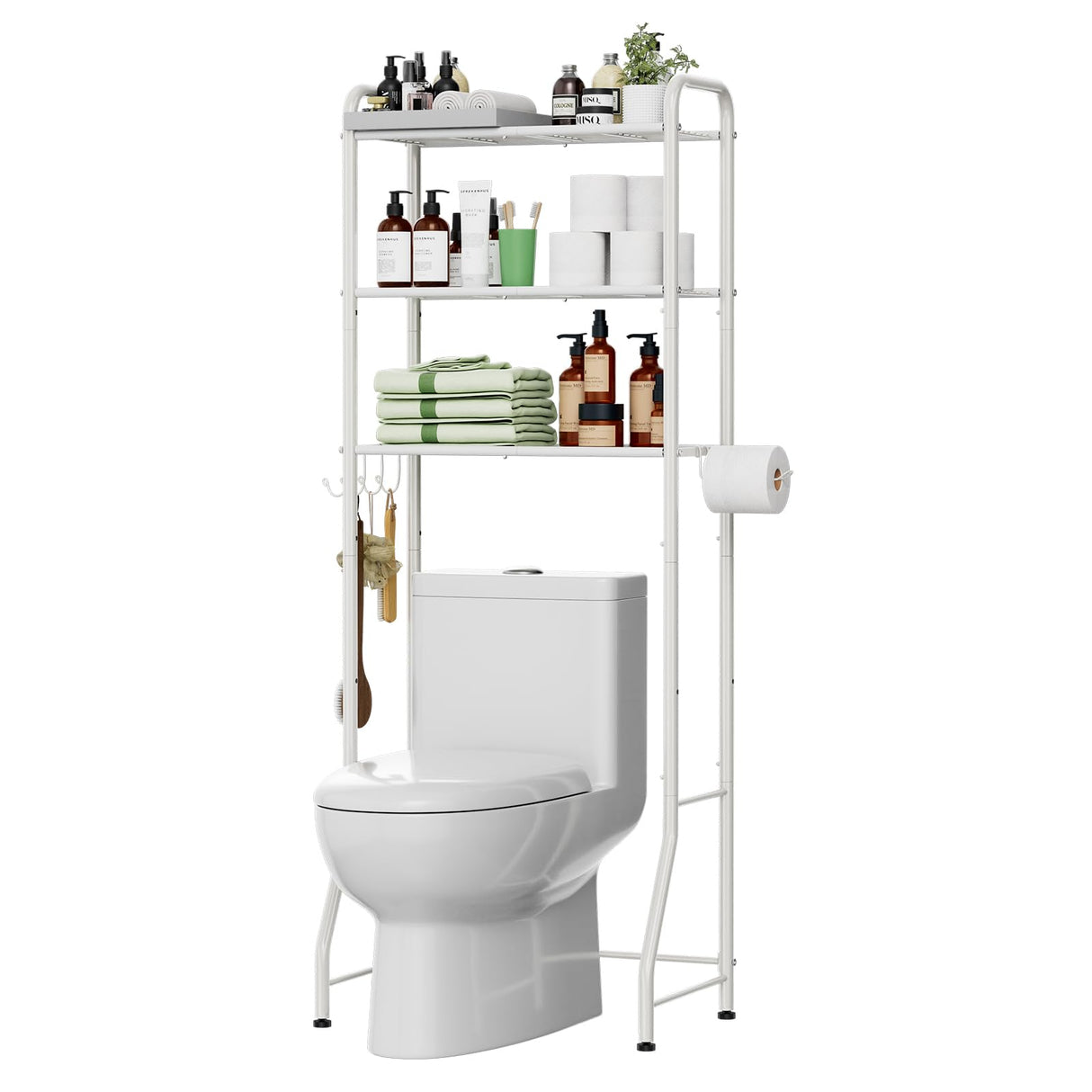 Simple Trending Over The Toilet Storage Rack, Metal 3 Tier Bathroom Organizer Shelf with Paper Holder and 3 Hooks, White Simple Trending