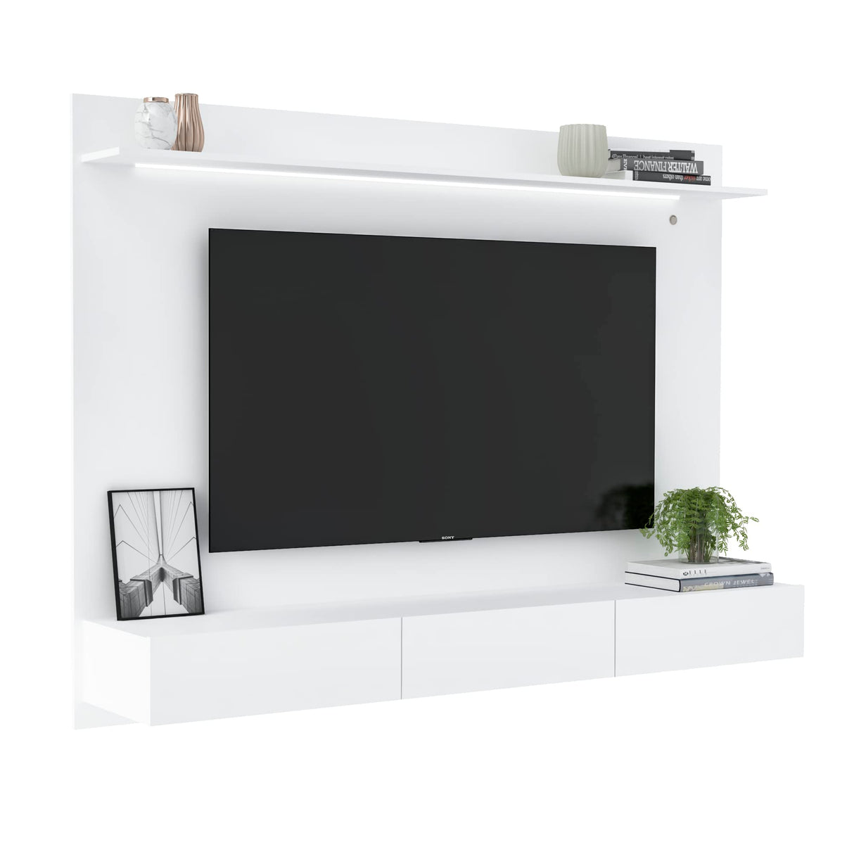 Modern Freestanding Floating Entertainment Center Floating TV Stand Wall Mounted TV Wall Panel for 75 inch TVs Home Theater with LED Strip Pull - Out Drawers and Overhead Shelf White Naomi Home
