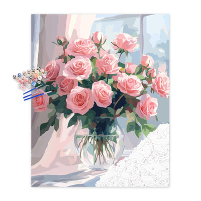 Pink Roses Paint by Numbers for Adults, Flowers in Glass Vase Paint by Number Kits, Window Landscape Wall Art, Floral Flower DIY Acrylic Painting, Home Wall Decor(16x20inch, No Frame)