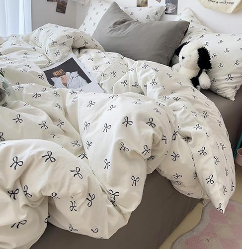 Bildenly White Twin Comforter Set - Black Bow Quilt Bedding Set 2 Pieces, Comforter Set Twin Size, Soft & Lightweight Comforter(68‘’ x 90‘’) for Girl All Season & 1 Pillowcase(30‘’x20‘’) Bildenly