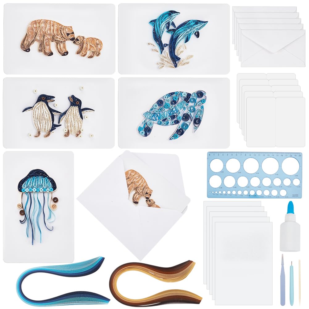 WEBEEDY 20 Sets Paper Quilling Kit for Adult DIY Sea Animals Themes Greeting Card Making Kit with Instruction 5 Styles Animal Polar Bear,Sea Turtle,Whale,Penguin,Jellyfish Cards for Birthday Christmas WEBEEDY