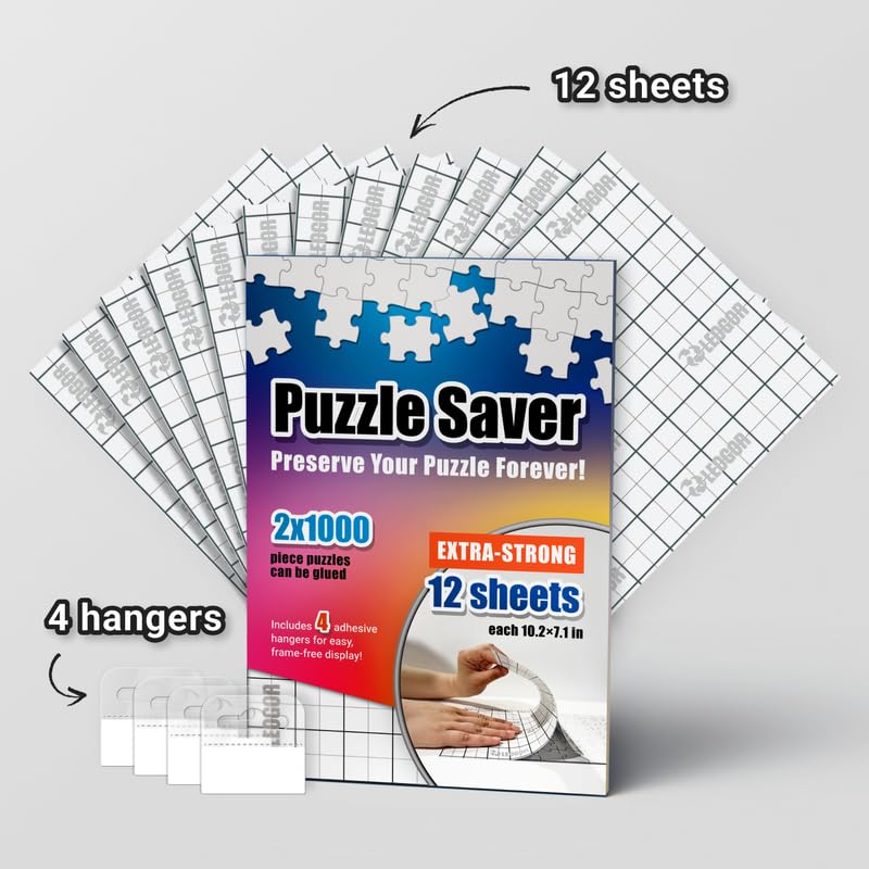 Puzzle Saver Sheets – 12 Extra Strong 10.2 x 7.1 Peel & Stick Puzzle Glue Sheets + 4 Hangers – Preserve Two 1000-Piece Jigsaw Puzzles – Clear Adhesive Backing Kit by LEOGOR LEOGOR