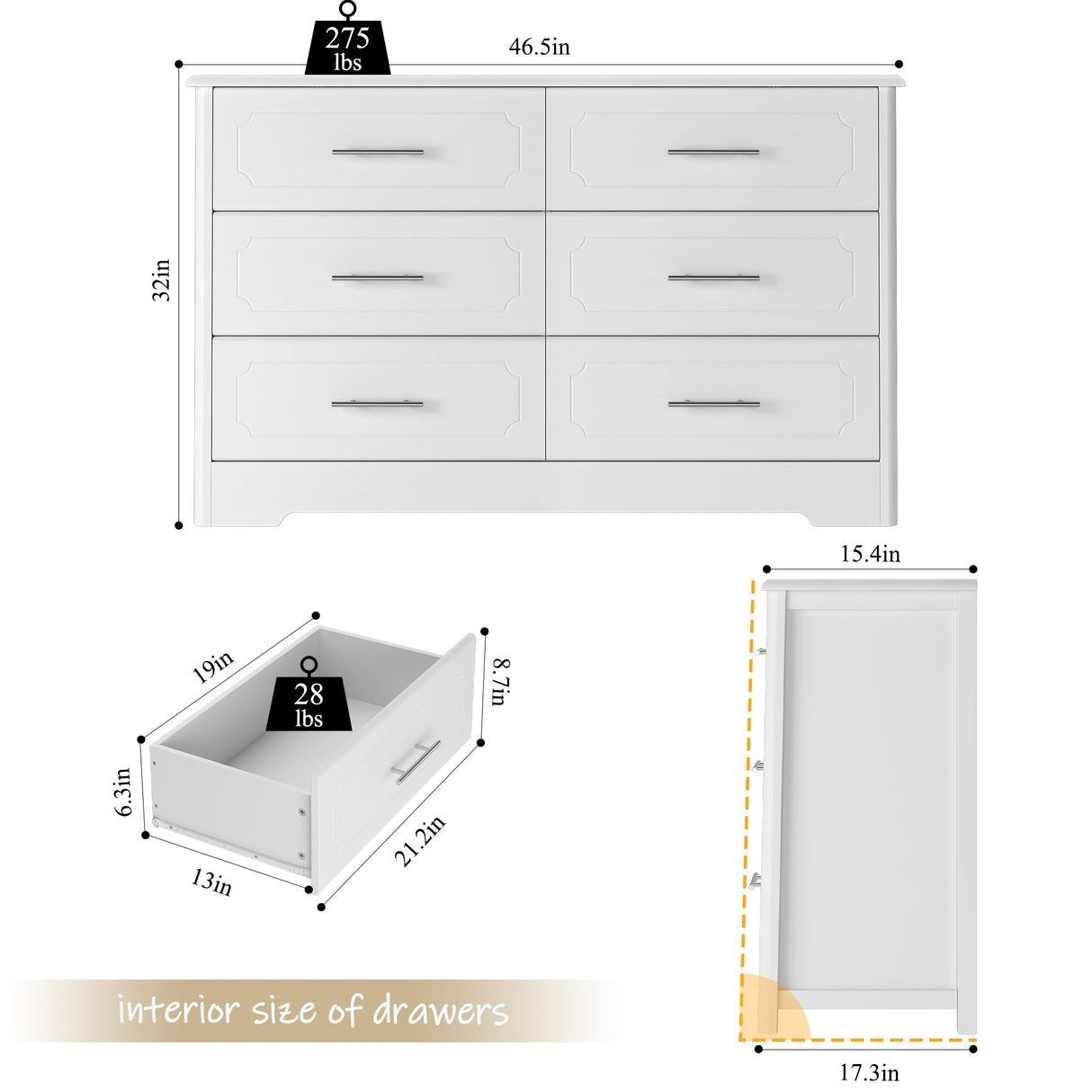 HOSATCK 6 Drawer Dresser, Modern White Double Dresser, Wide Chest of Drawers with Metal Handels, Accent Wood Storage Dresser Chest Organizers for HOSTACK