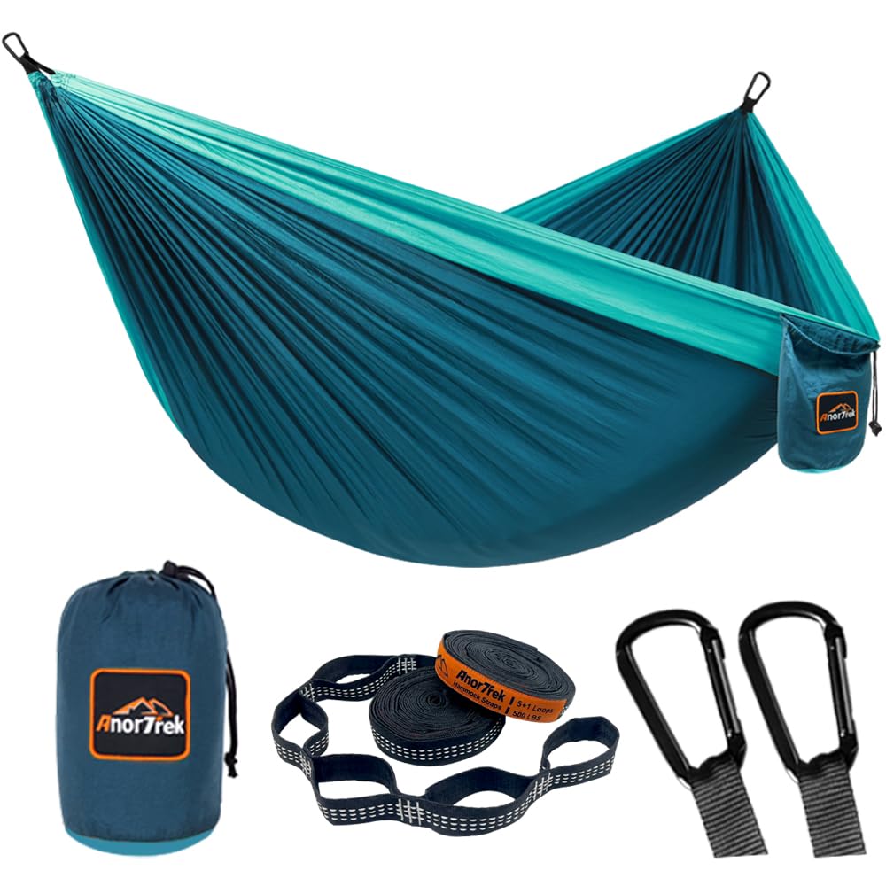 AnorTrek Camping Hammock, Super Lightweight Portable Parachute Hammock with Two Tree Straps Single or Double Nylon Travel Tree Hammocks for Camping Backpacking Hiking Blue&Dark Blue AnorTrek