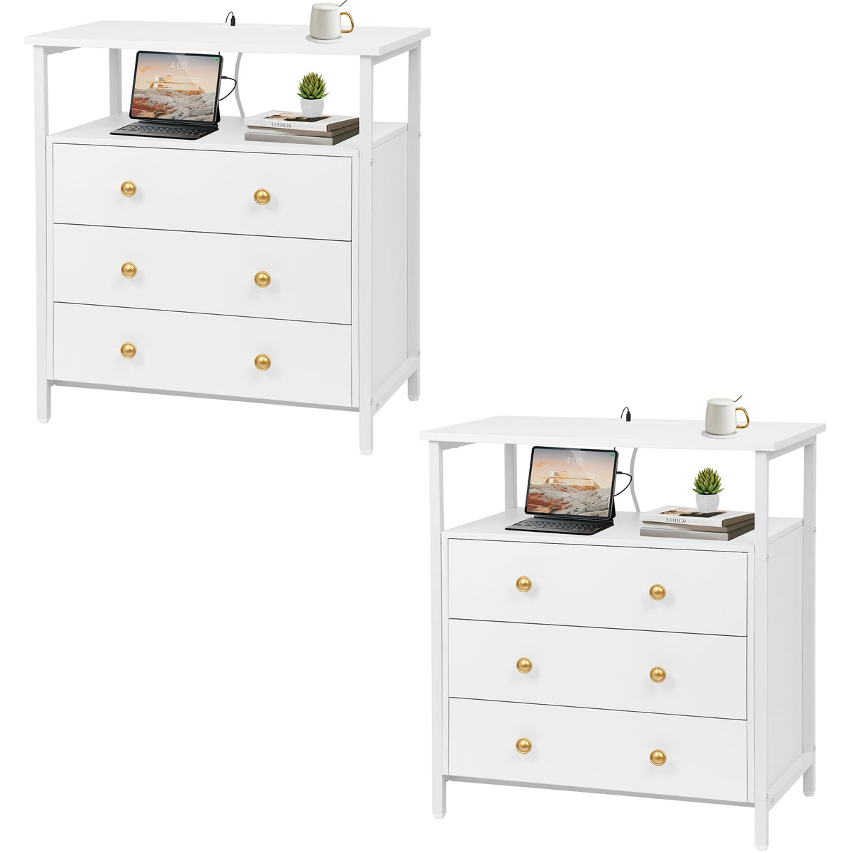 Edbuosy 3-Tier Wooden Drawer Nightstand, 27 inch Wide Night Stand Set 2 with Charging Station and Adjustable Drawers, Nightstand for Living Room/Bedroom, White. Edbuosy