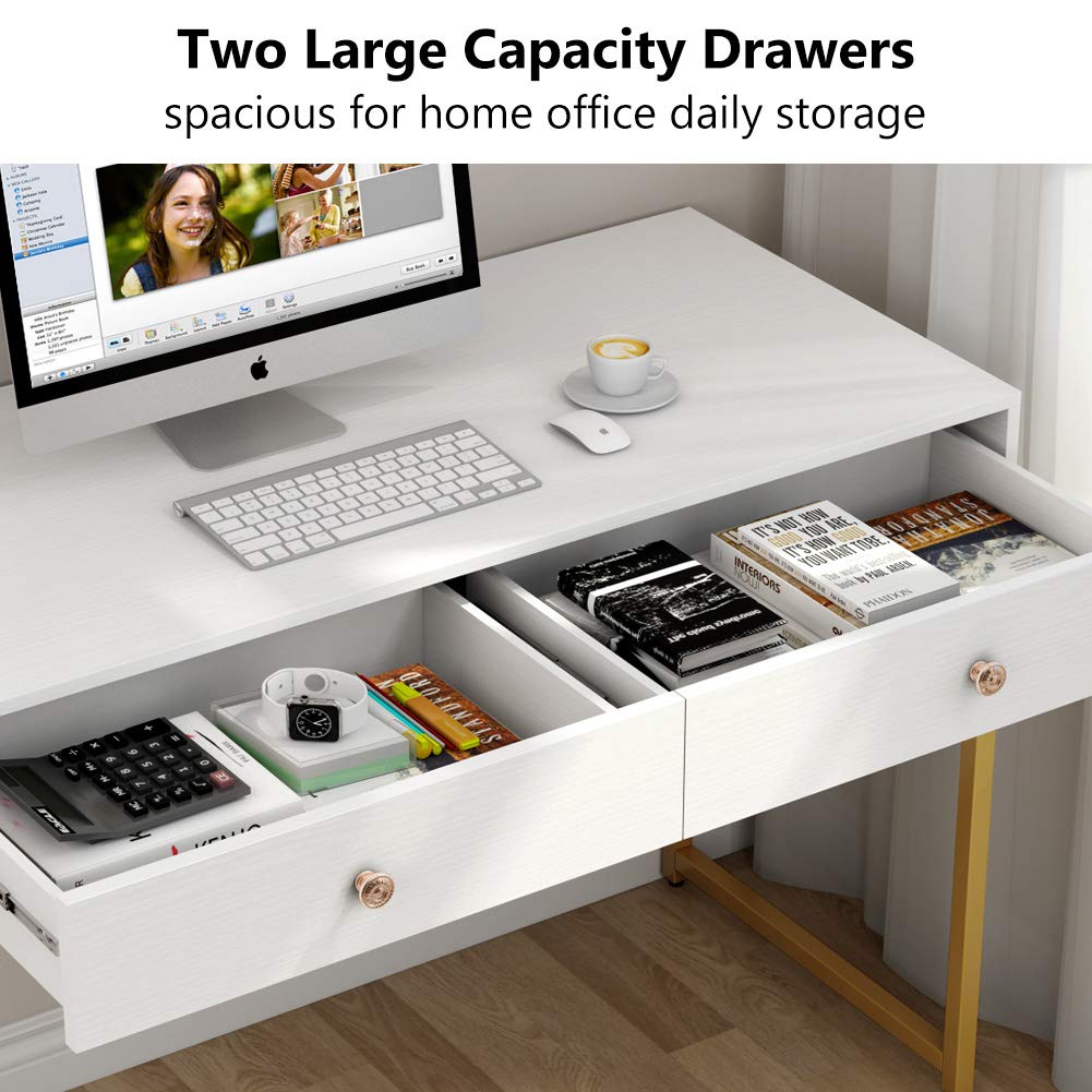 Tribesigns Computer Desk, Modern Simple 47 inch Home Office Desk Study Table Writing Desk with 2 Storage Drawers, Makeup Vanity Console Table, White and Gold Tribesigns