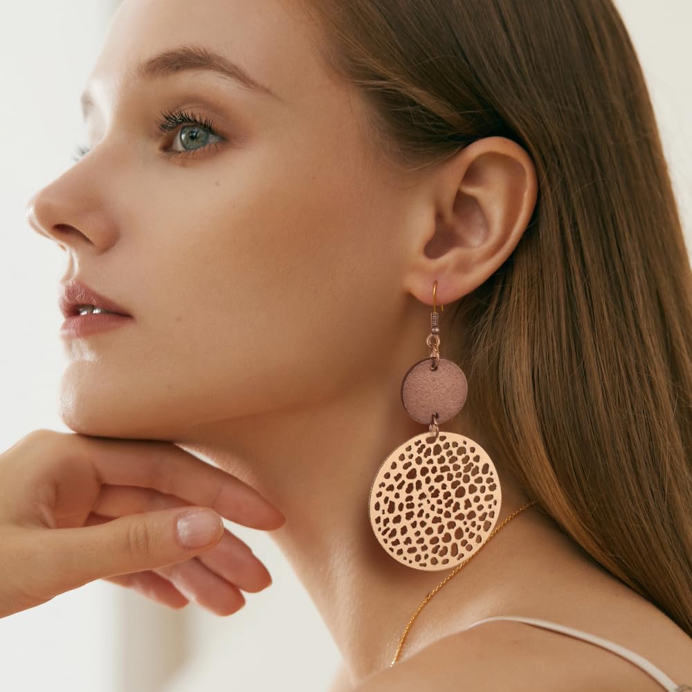 9 Pairs Boho Vintage Wooden Round Geometric Leather Earrings Retro Hollow Out Circle Earrings Big Lightweight Statement Jewelry Suitable for Women Hefanny