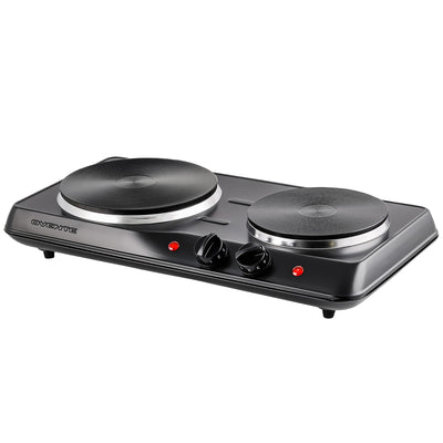 OVENTE Electric Countertop Double Burner, 1700W Cooktop with 7.25" and 6.10" Cast Iron Hot Plates, Temperature Control, Portable Cooking Stove and Easy to Clean Stainless Steel Base, Black BGS102B