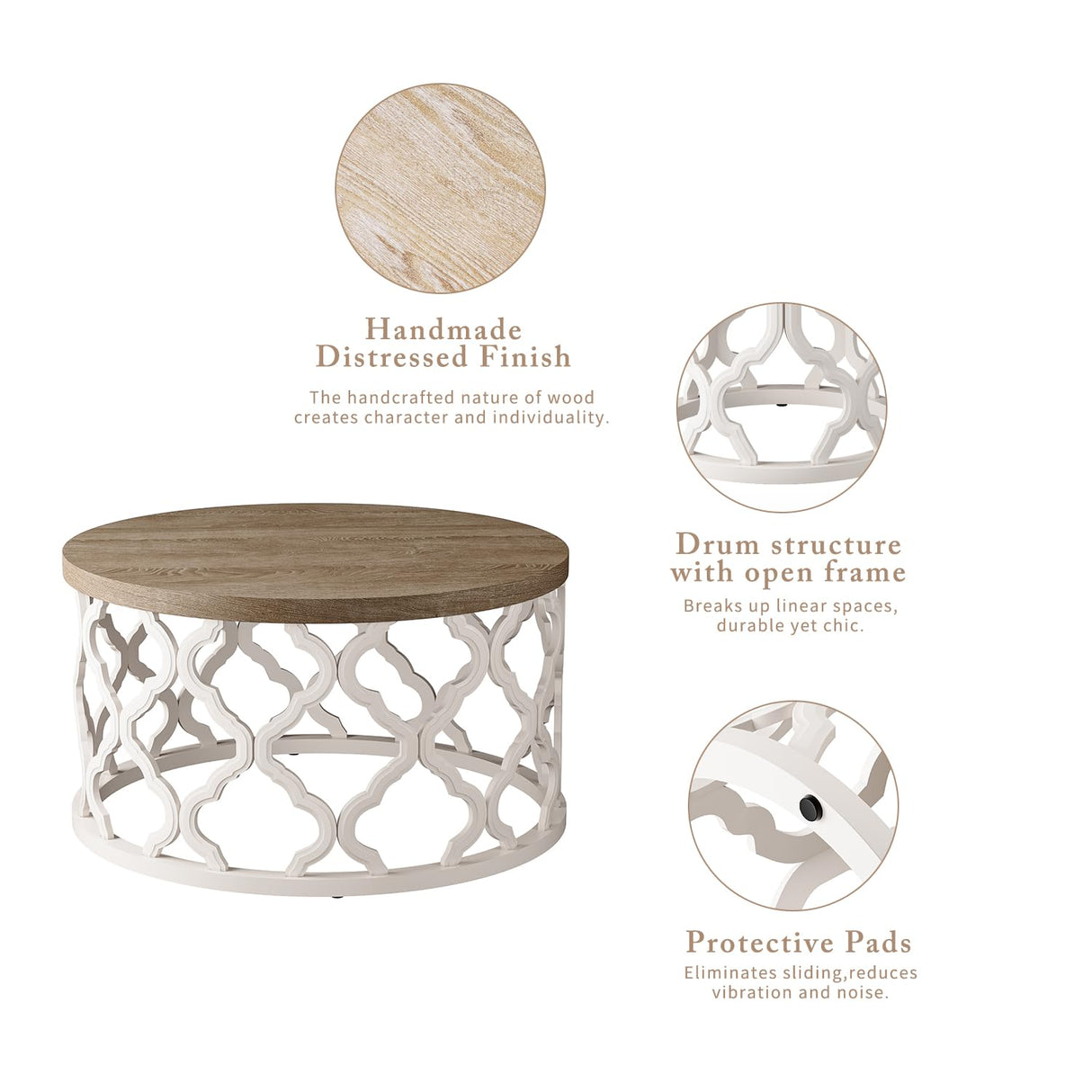 karlott Farmhouse Coffee Table, French Country Round Coffee Table, Coastal Coffee Table with Distressed Top, Boho Coffee Table with Curved Motif Frame Base for Living Room, Dining Room, Bedroom karlott