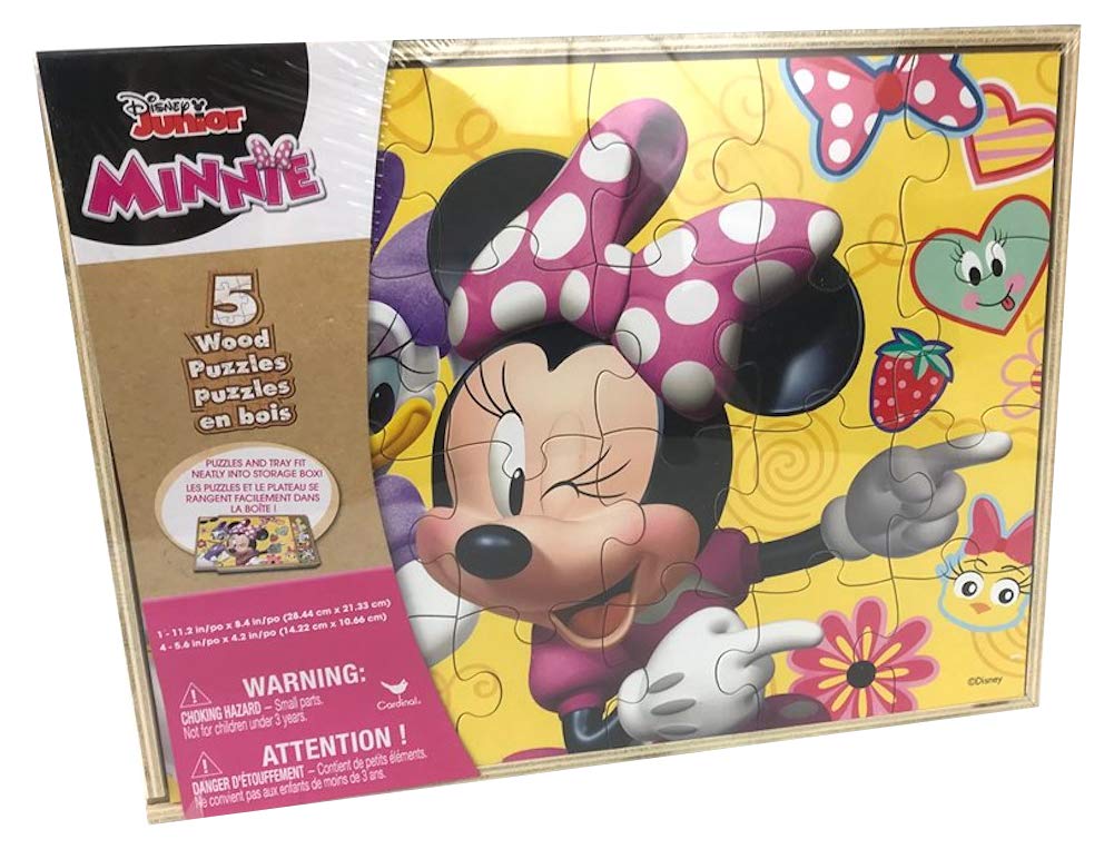 Disney Minnie Mouse 5 Wood Jigsaw Puzzles in Wood Storage Box Disney