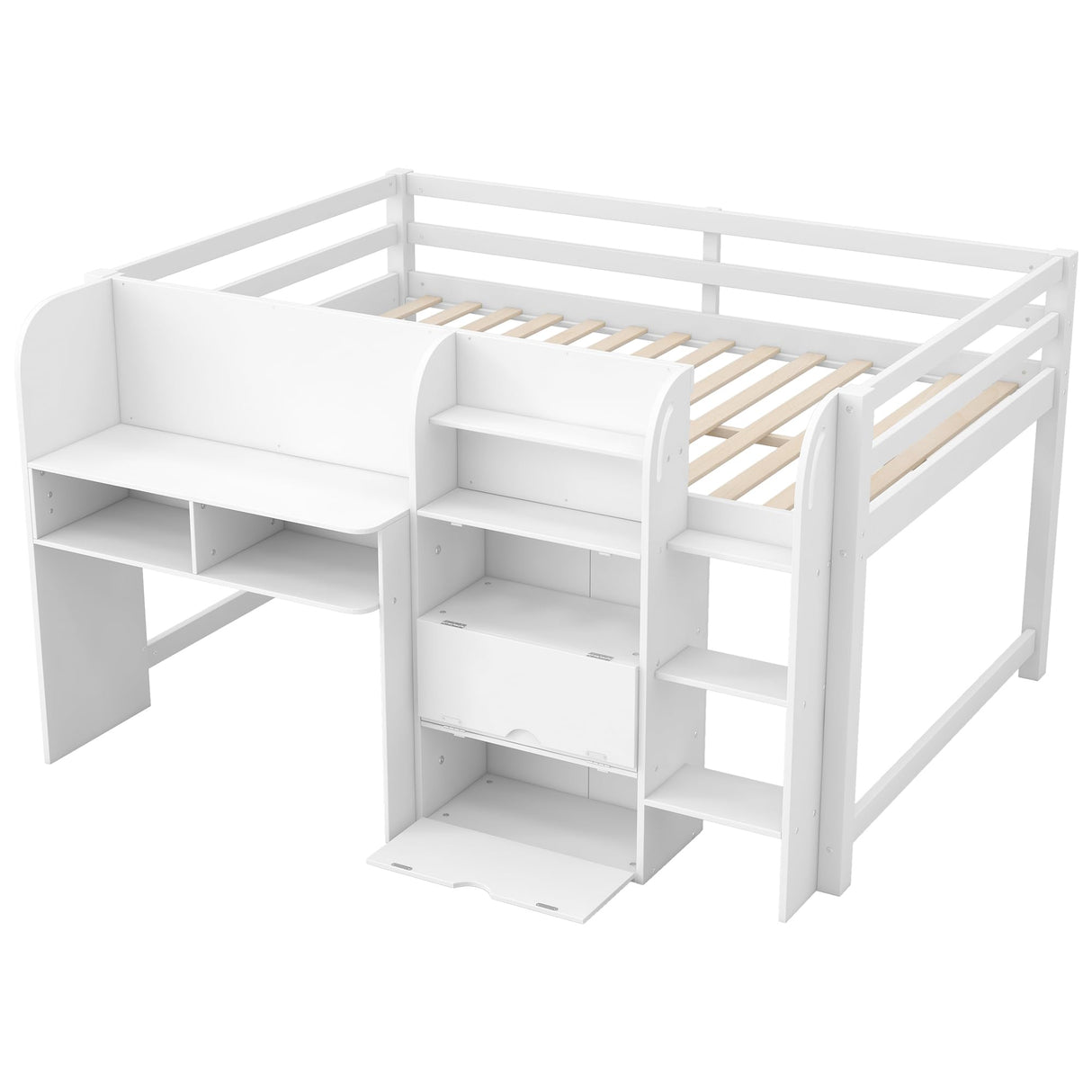 SOFTSEA Full Size Low Loft Bed with Desk & Storage, Solid Wood Loft Bed with Drop-Down Cabinets, Open Shelves & Whiteboard for Kids Juniors Boys Girls, White SOFTSEA