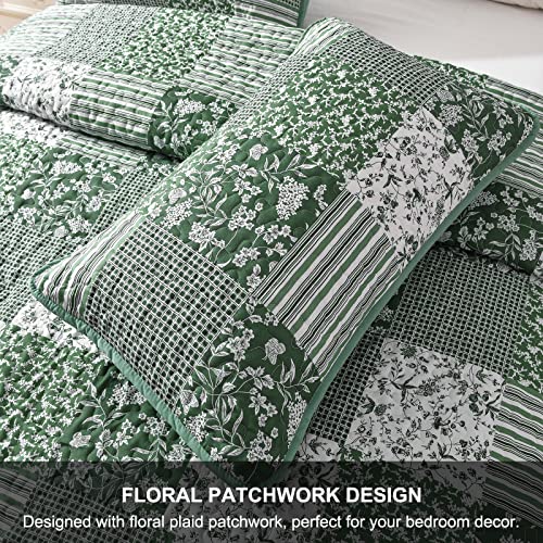 Mybedsoul Sage Green Boho King Quilt Set, 3-Piece Reversible Soft Plaid Floral Bedding Set with 2 Pillow Shams - Sage Green King Size Quilt Bedspread Coverlet Set 90"x104" Mybedsoul