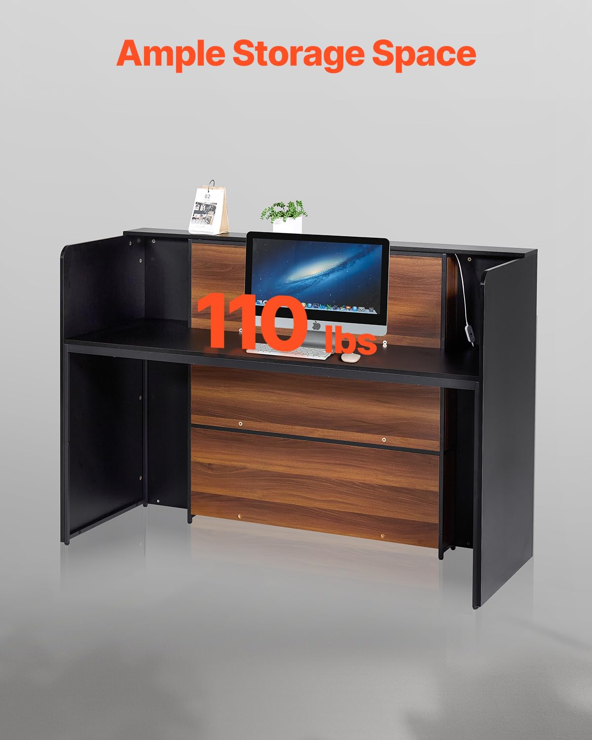 VEVOR Reception Desk, 62 Inch Rectangular Front Counter Table, Office Reception Desk Front Retail Counter with LED Light, for Checkout, Lobby, Beauty Salon and Office, Black & Brown VEVOR