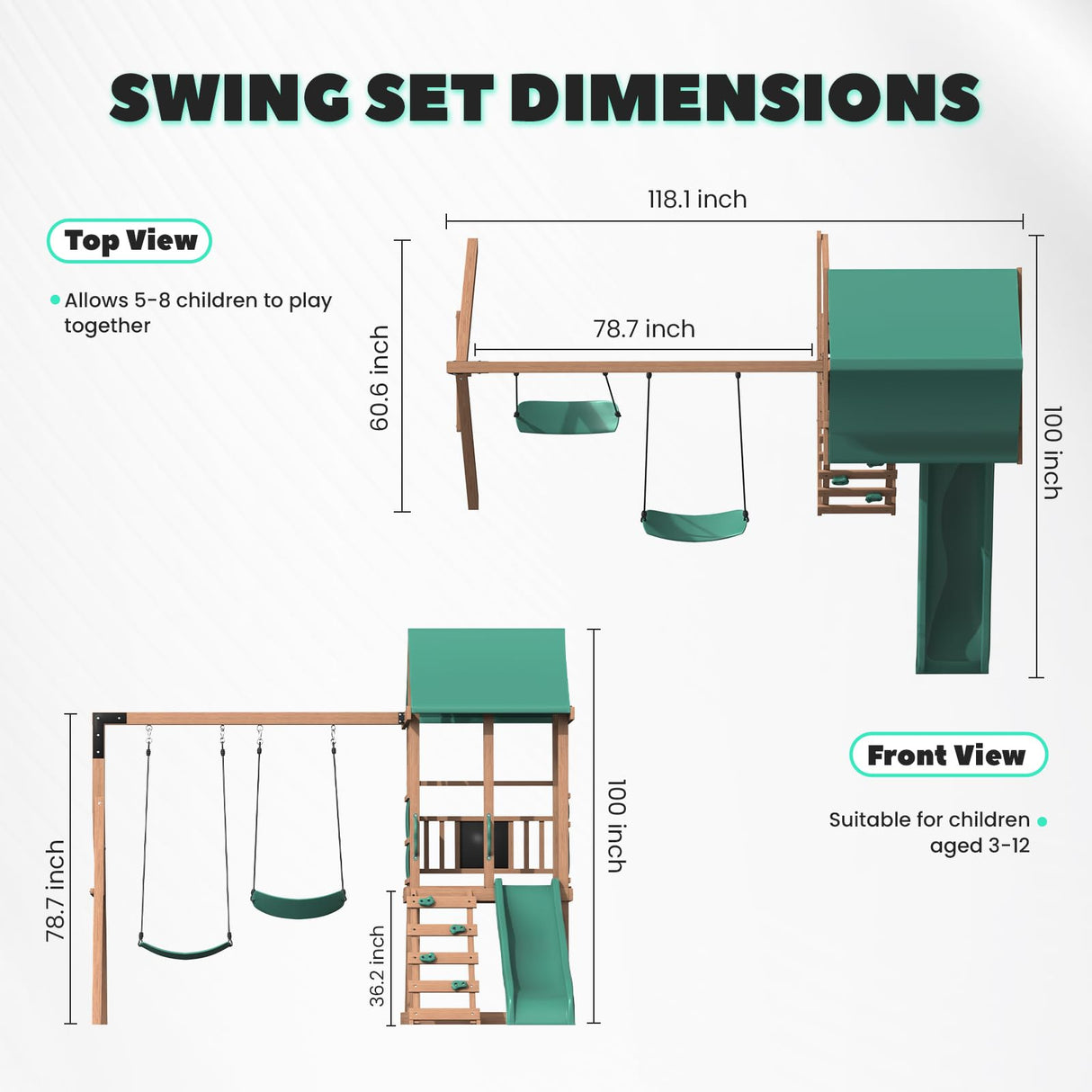 All Spruce Wooden Swing Sets for Backyard for Kids 3-12, Swingset Outdoor for Kids, Outdoor Kids Swing Sets for Backyard with 2 Belt Swings, Slide, Climber, Sandbox Area, Blackboard, Play Deck BUPPLEE