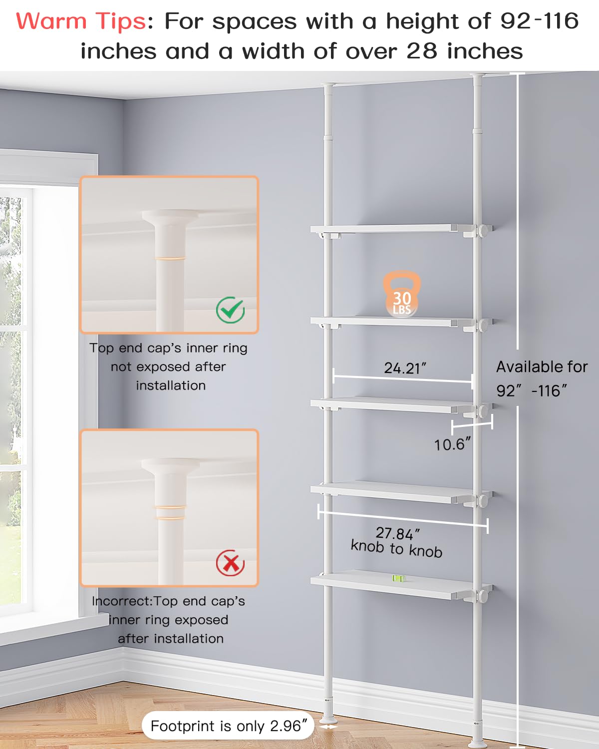 ALLZONE 5 Tiers Narrow Bookshelf, Tall Adjustable Ladder Book Shelf with Open Storage, Floor to Ceiling Tension Mount, Wooden Industrial Bookcase for Living Room, 92 to 116 Inch, White ALLZONE