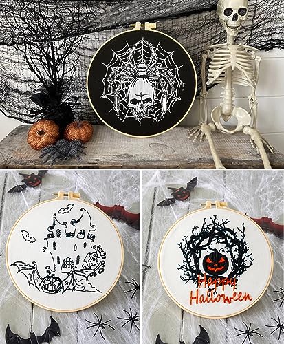 Armindou Halloween Embroidery Starter Kits for Beginners Adults, Stamped Cross Stitch Kit for Adult Beginner, Needlepoint Hand Embroidery Kit with Pattern, 3 Embroidery Hoop, 3 Set Embroidery Supplies