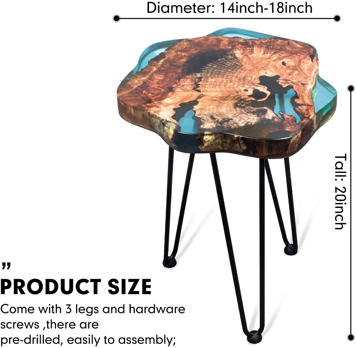 Crystal Clear Epoxy Resin Natural Edge Wood end Table, Wood Resin Side Table Hand Made Craft Coffee Table with Hairpin legs-20 inch Tall (Blue) TUZECH