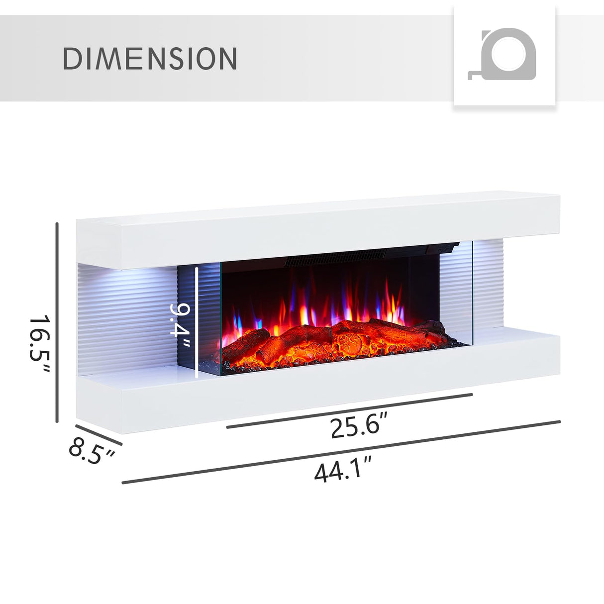 PuraFlame Alsa 44 Inch Wall Mounted Electric Fireplace All-in-One with Multi Ambient Light Colors, Remote, 1500W Heater, White PuraFlame