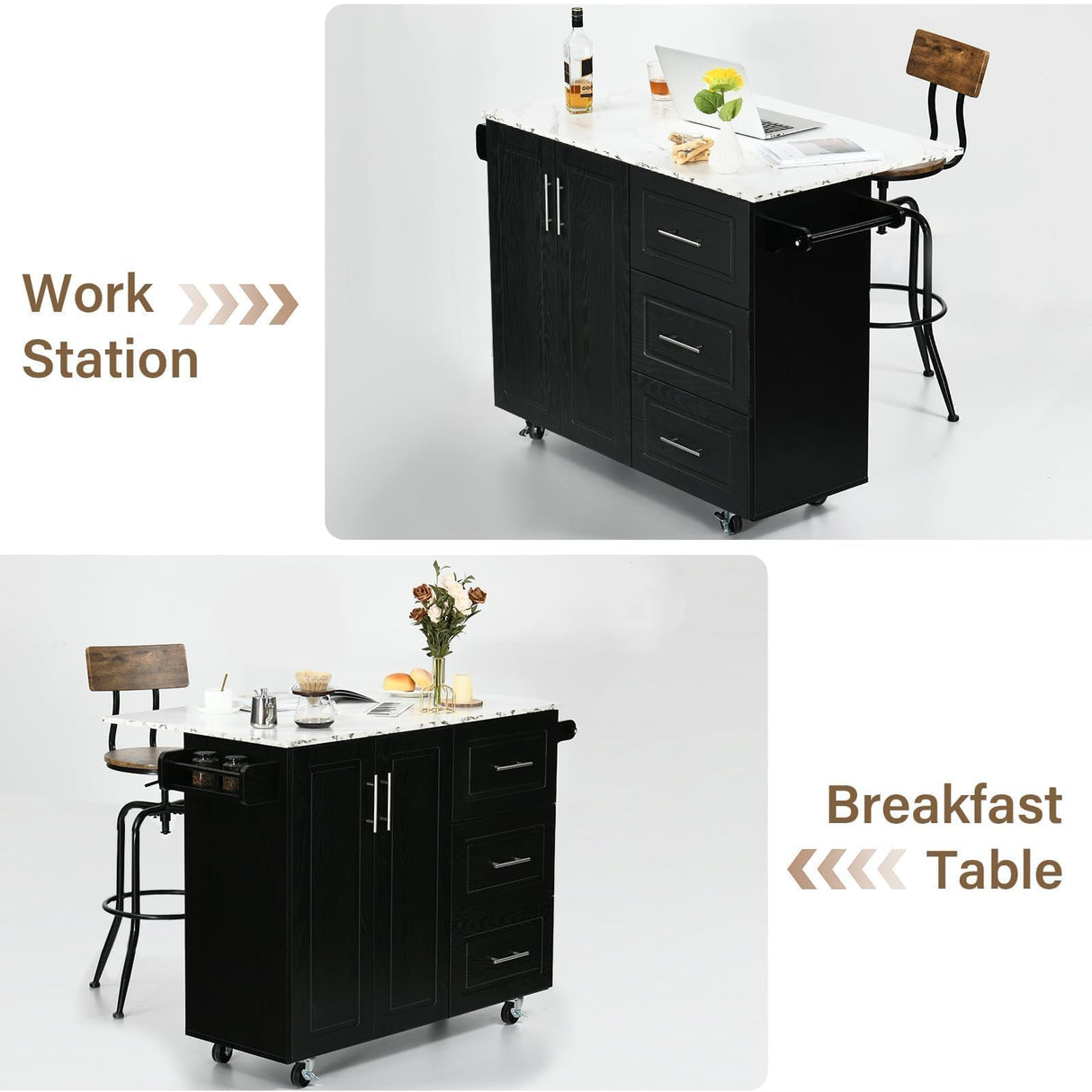 4 EVER WINNER Kitchen Island with Storage, White Marble Tabletop, Rolling Kitchen Island Cart on Wheels with Drop Leaf Breakfast Bar, Island Table for Kitchen with Towel Rack & Spice Rack, Black 4 EVER WINNER