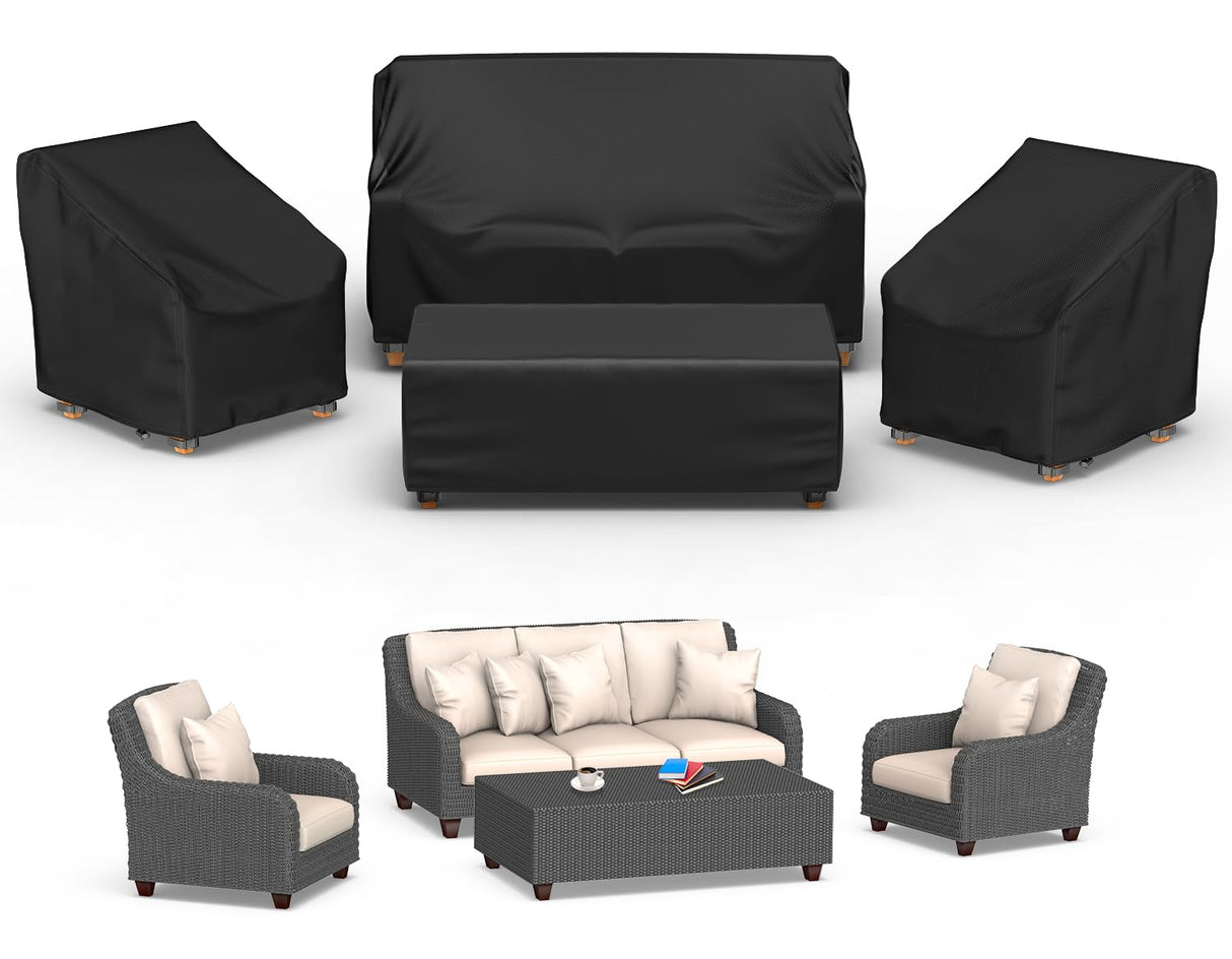 Mrrihand Patio Furniture Covers, 4 Piece Outdoor Furniture Cover Waterproof includ Ourdoor Sofa Cover, 2 Chair Covers, Coffee Table Cover with Windproof Buckle Strap and Adjustable Drawstring Mrrihand