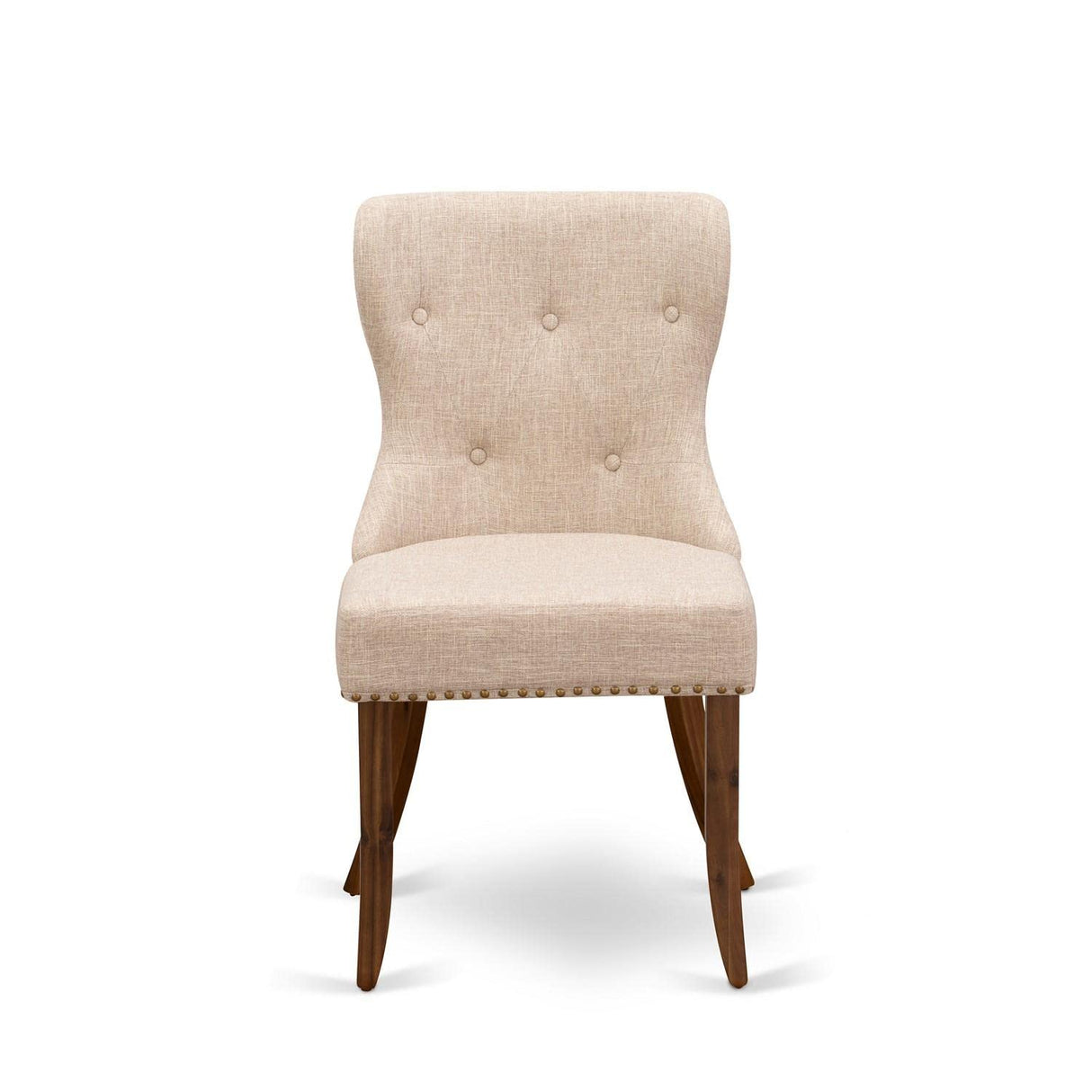 East West Furniture SIP8T04 Sion Parsons Dining Chairs - Button Tufted Nailhead Trim Light Tan Linen Fabric Upholstered Chairs, Set of 2, Walnut East West Furniture