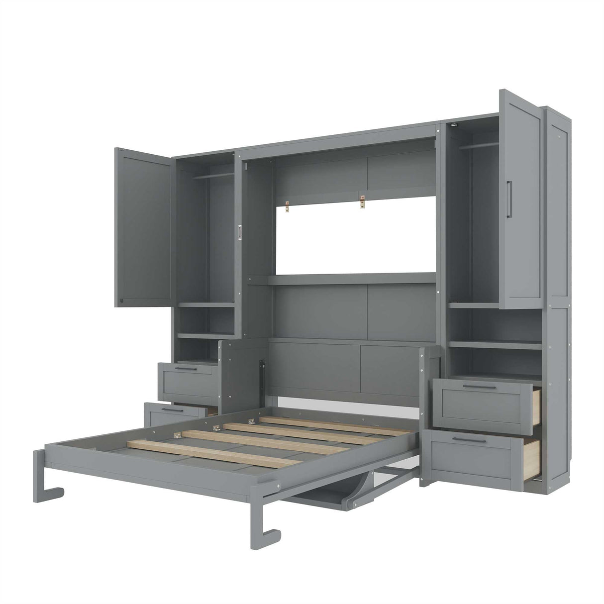 Merax Full Size Murphy Bed with Desk, Space-Saving Wall Bed Frame with Closet, Drawers and Shelves, Multifunctional Foldable Platform Bed for Small Spaces Studio Study Office Guest Room, Gray Merax