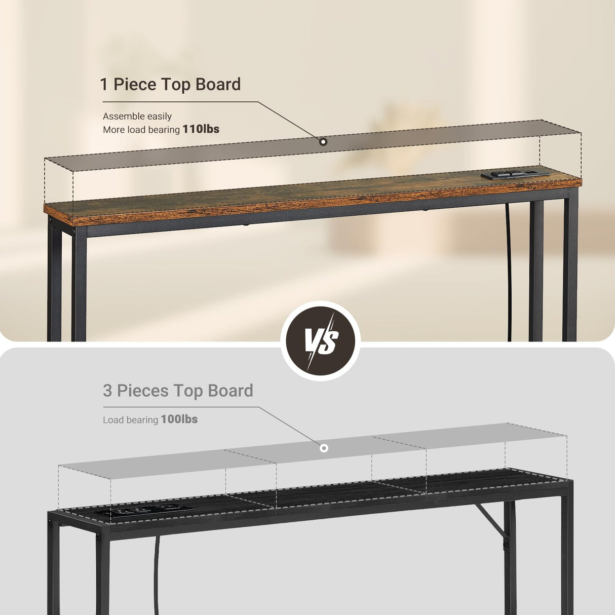 ELYKEN 2 Pack 5.9" Narrow Console Sofa Table with Power Outlets, 5.9" D x 39.4" W x 31.1" H Long Couch Table with Metal Frame and Charge Station with 6.5’ Extension Cord, Rustic Brown ELYKEN