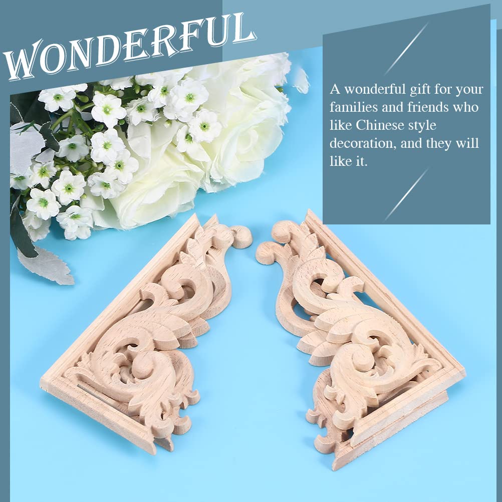 EXCEART 2Pcs Solid Wood Long Flower Piece Wall Applique Wood Carved Applique Door Wood onlays Onlay Applique Frame Furniture Wooden Appliques Corner EXCEART