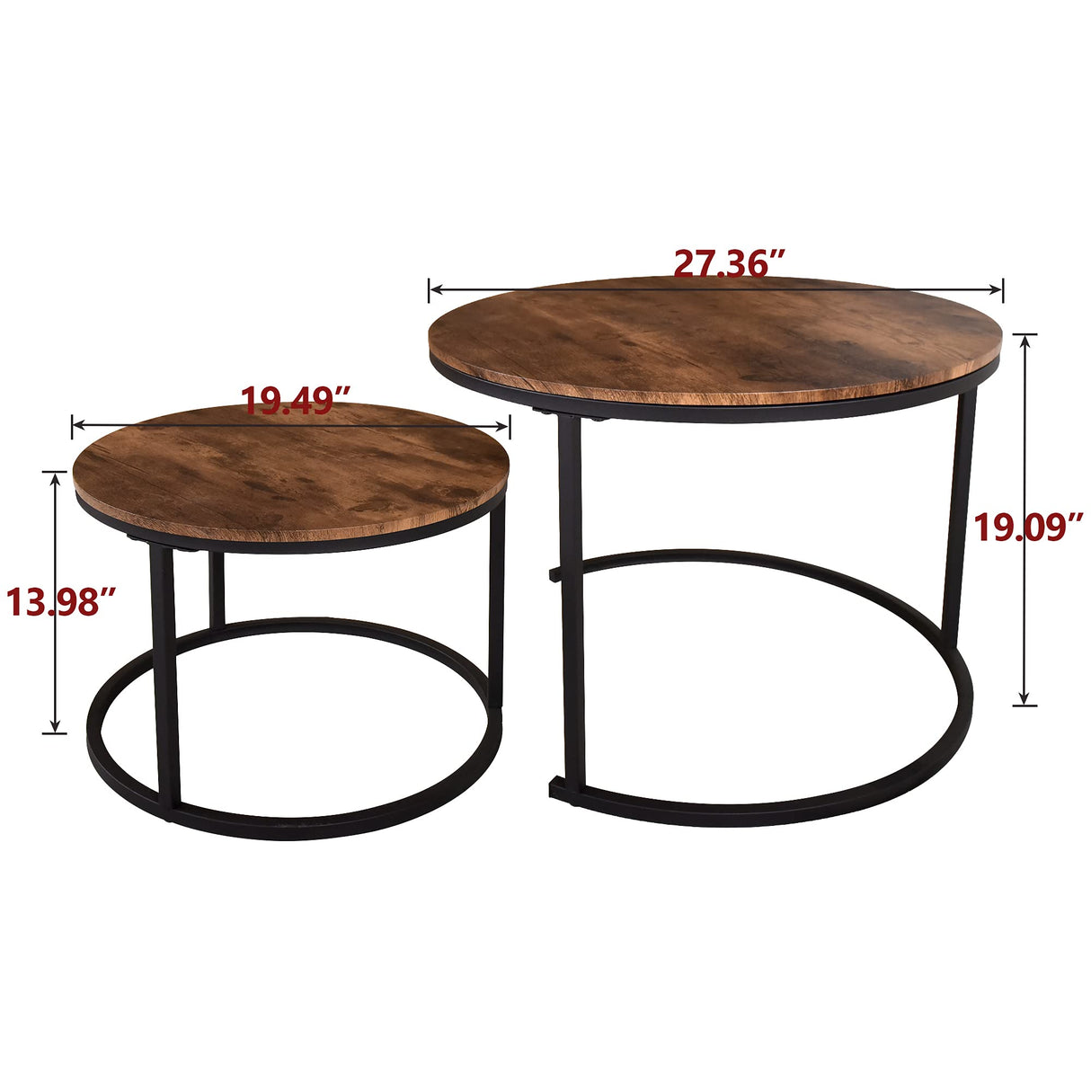 HOJINLINERO Industrial Round Coffee Table Set of 2 End Table for Living Room,Stacking Side Tables, Sturdy and Easy Assembly,Wood Look Accent Furniture with Metal Frame,Black+Rustic Brown HOJINLINERO