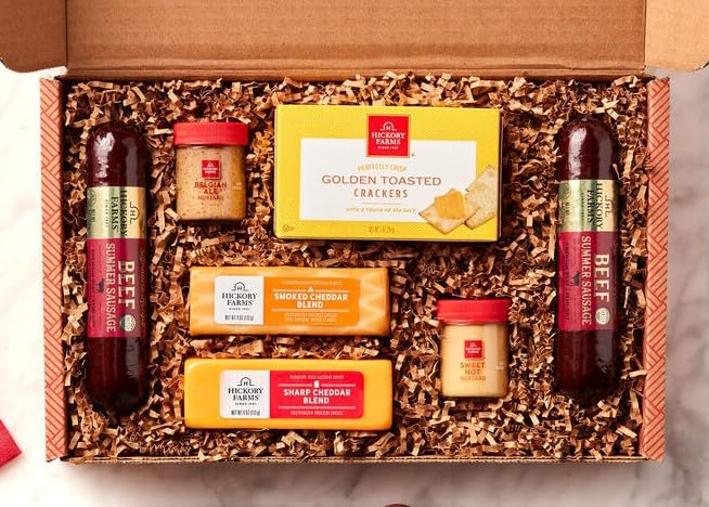 Hickory Farms Gift Basket Hearty Beef Summer Sausage and Cheese Sampler with bonus Holiday Magnet - Meat and Cheese Set including 2 Sausages, Smoked Cheddar Blend 4 oz, Farmhouse Cheddar 4 Oz Hickory Farms
