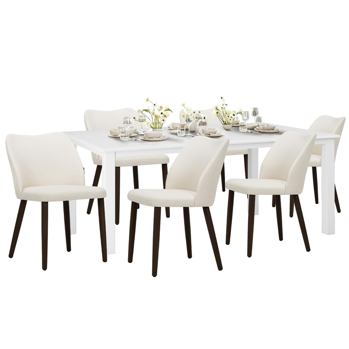 COLAMY 7-Piece Dining Table Set for 6, 60" Rectangular Wooden Kitchen Table with 6 Retro Dining Room Chairs, White/Beige COLAMY