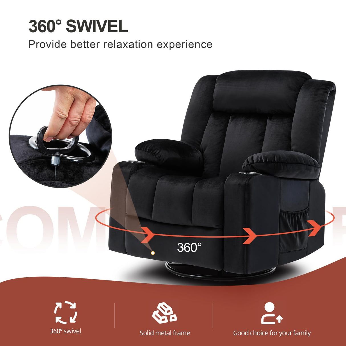 COMHOMA Recliner Chair,360° Swivel Rocker Glider Recliners with Cup Holders, Upholstered Fabric Rocking Chair for Adults,Manual Reclining Single Sofa for Living Room,Black COMHOMA