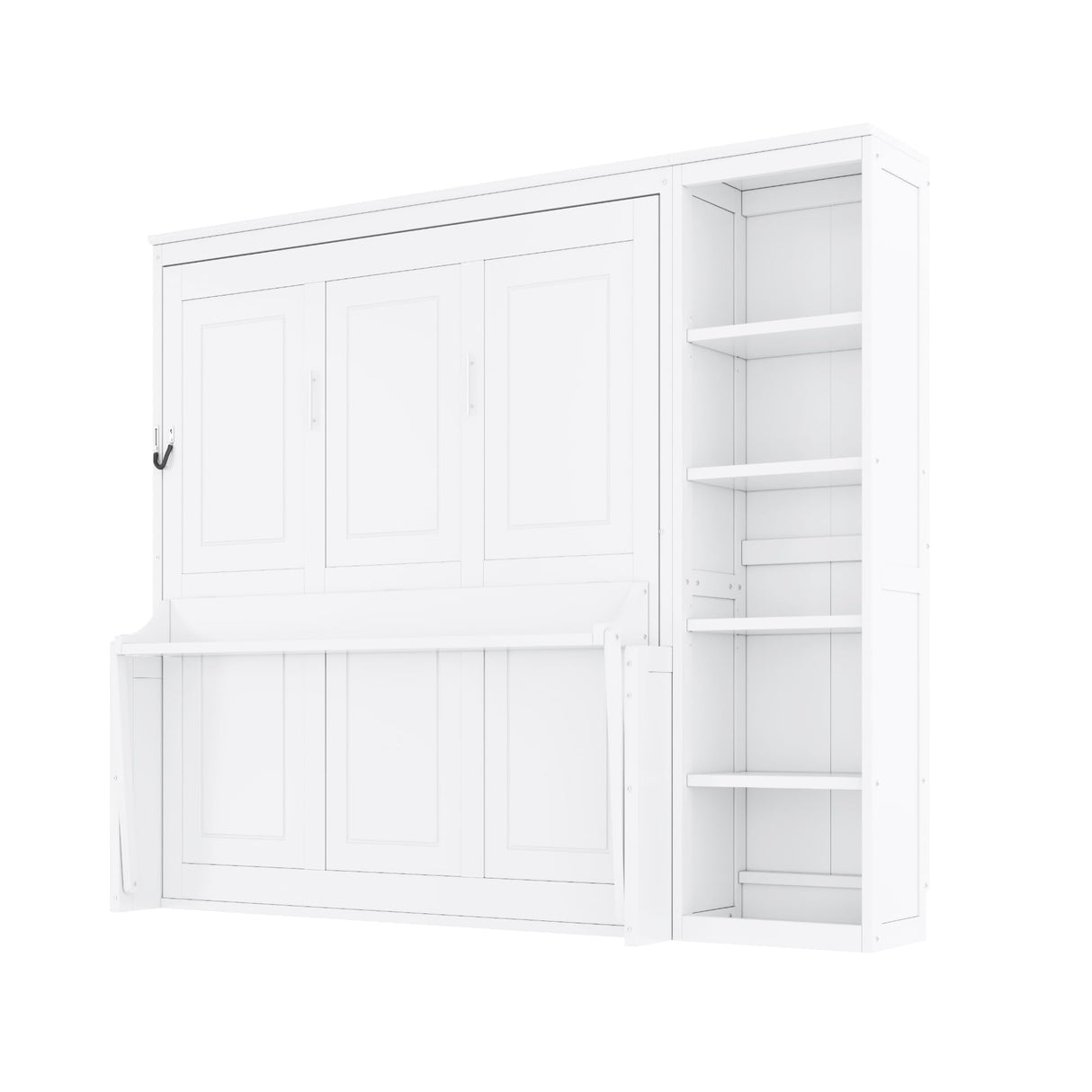 SOFTSEA Full Size Horizontal Murphy Bed with Desk & Shelves, Hideaway Wall Bed Cabinet with Gas Struts, Space-Saving Foldable Bed with Bookshelves for Guest Room Bedroom Office, White SOFTSEA