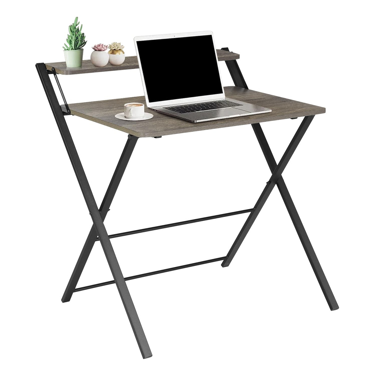 Folding Desk 2-Tier Foldable Table Space Saving Computer Table Writing Workstation for Home Office with Metal Frames/Wood Top Laptop, No Assembly Required, Rustic Brown, 31.9(L) x 20.5(D) x 33.5(H) FurnitureR