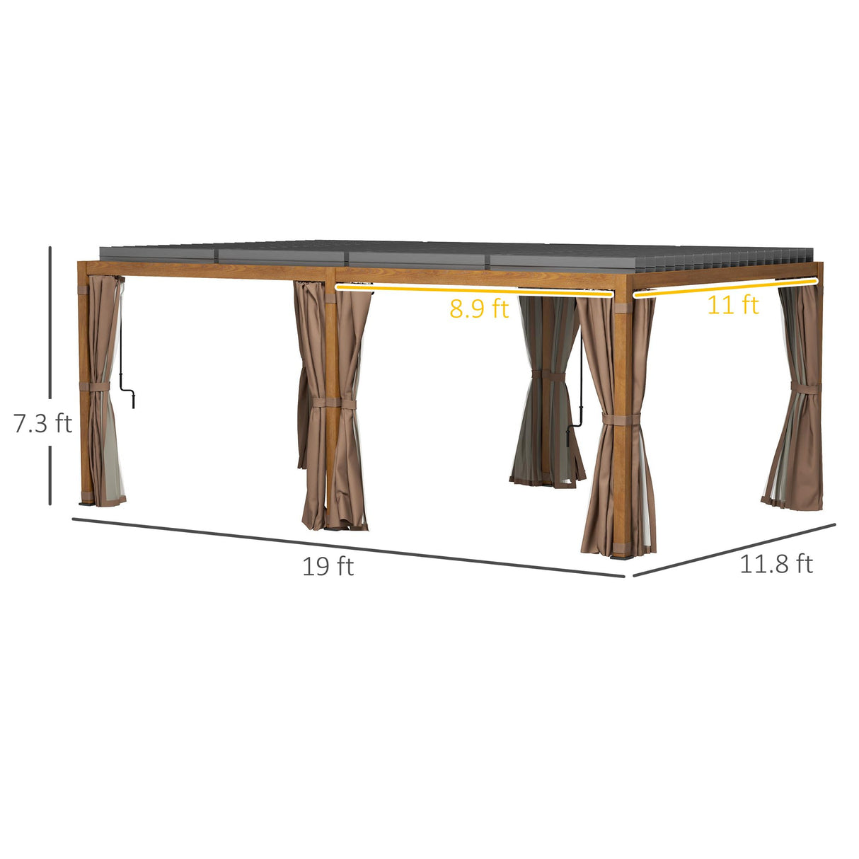 Outsunny 12' x 19' Louvered Pergola Hardtop Gazebo with Adjustable Aluminum Roof and Frame, Outdoor Pergola with Curtains and Netting, for Garden, Lawn, Backyard, and Deck, Wood-Like Outsunny