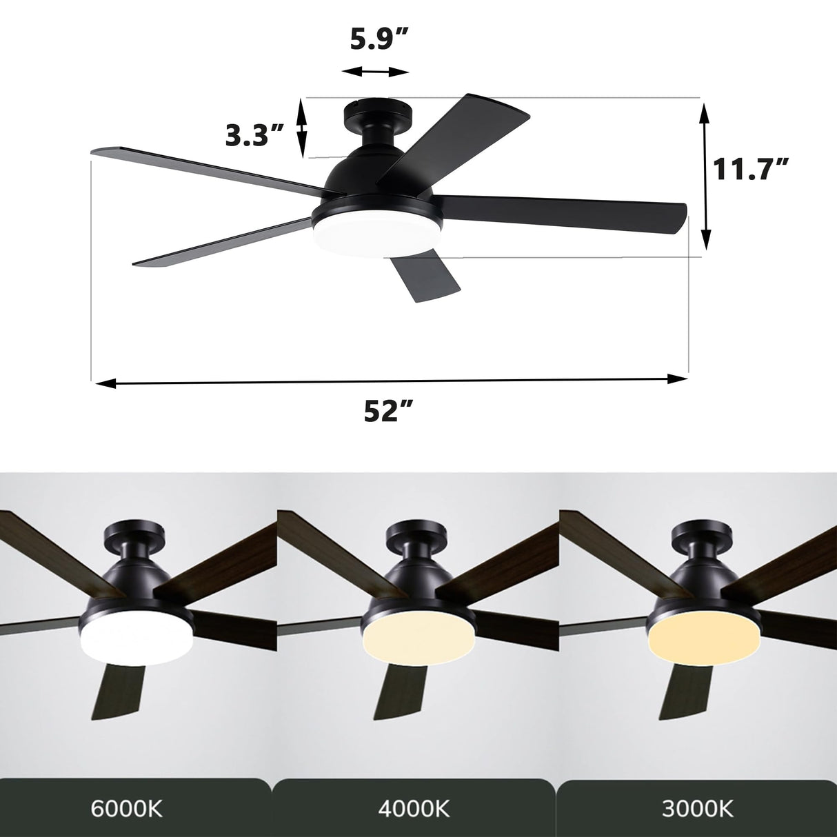 ELEVARAWOOD Black Ceiling Fan with Light, 52 Inch Outdoor Ceiling Fans with Lights and Remote, Modern Indoor Bedroom Ceiling Fan Noiseless, Reversible Blades, DC Motor ELEVARAWOOD