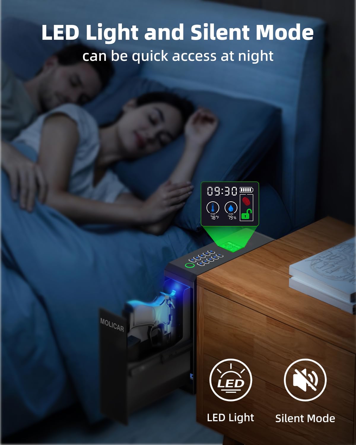 MOLICAR Biometric Slider Pistol Safe with LCD of Temp Humidity Battery, Mounted Single Bedside Gun Safe with 3 Ways Quick Access Handgun Case for Nightstand, Bed, Desk, Wall, Dresser MOLICAR