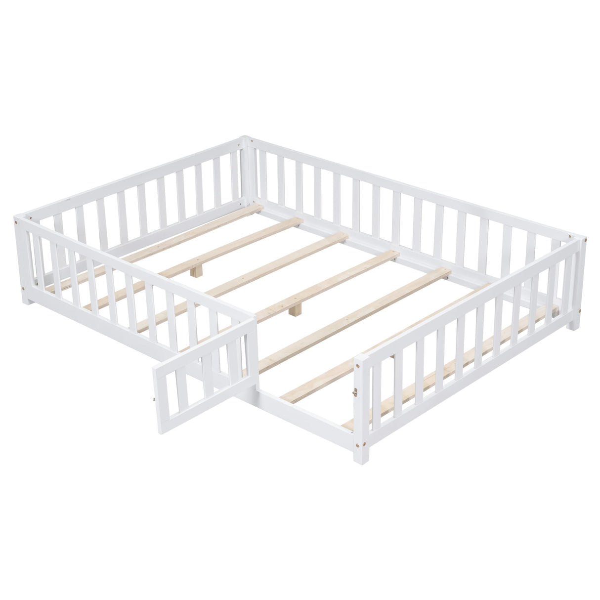Bellemave Floor Bed Full Size Montessori Bed Frame with Fence and Door, Wooden Full Platform Bed for Kids, Boys Girls, Solid Wood Full Bed, No Box Spring Needed (White) Bellemave