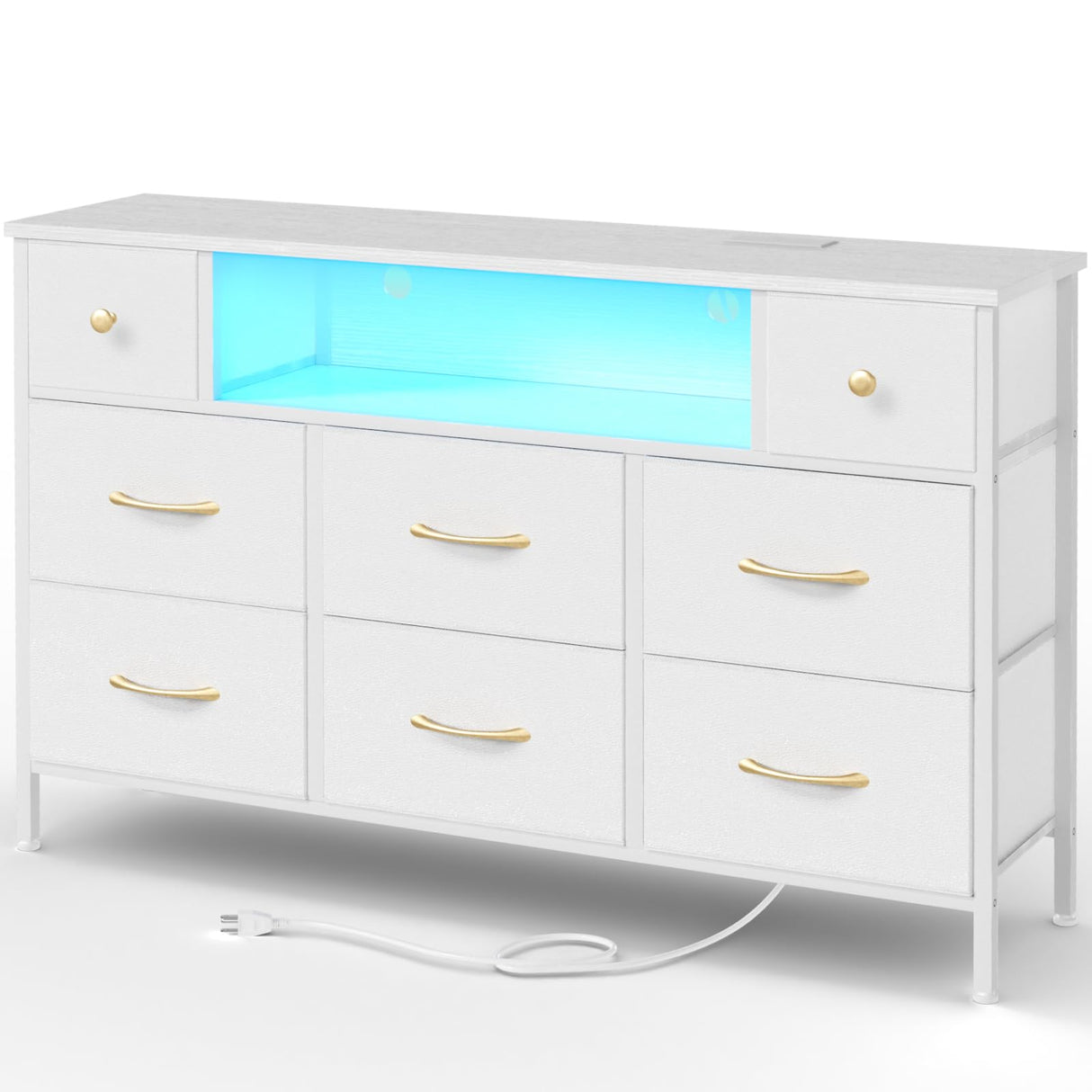 Fixwal Dresser for Bedroom with Power Outlets and LED Lights, White 55" TV Stand with 8 Drawers, Fabric Chest of Drawers with PU Finish for Living Room, Entryway Fixwal
