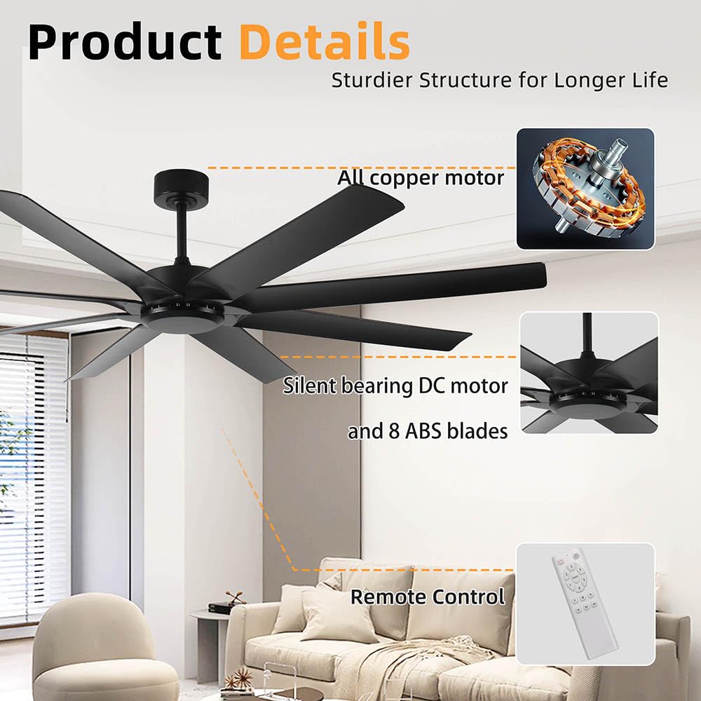 Duclsaty 72inch Large Ceiling Fans No light,Industrial Ceiling Fan with 8 Blades(ABS),Reversible DC Motor,Quiet Fans with Remote control,3 Downrods,Black Ceiling Fans for Patio/Porch/Garage/Shop Duclsaty